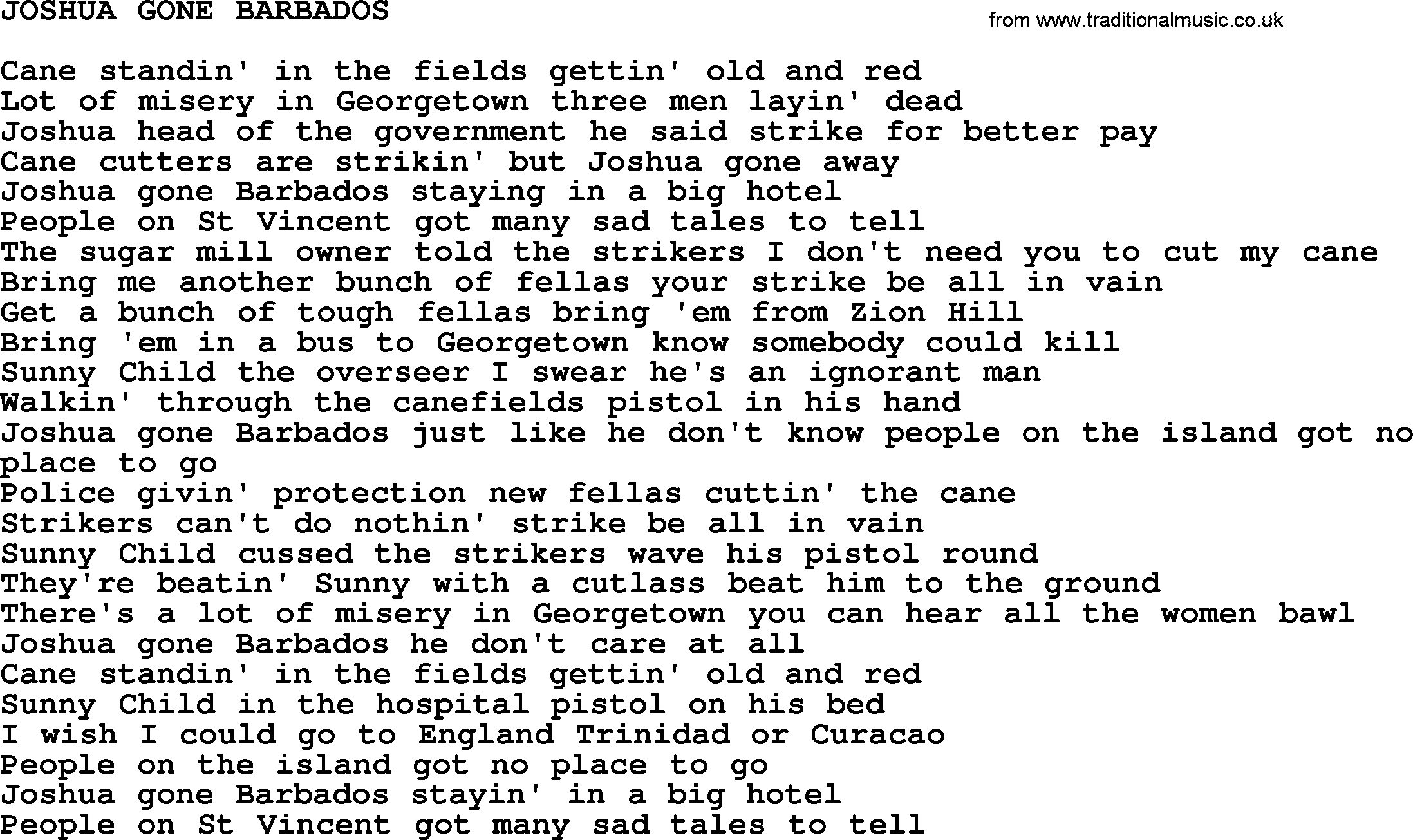 Johnny Cash song Joshua Gone Barbados.txt lyrics