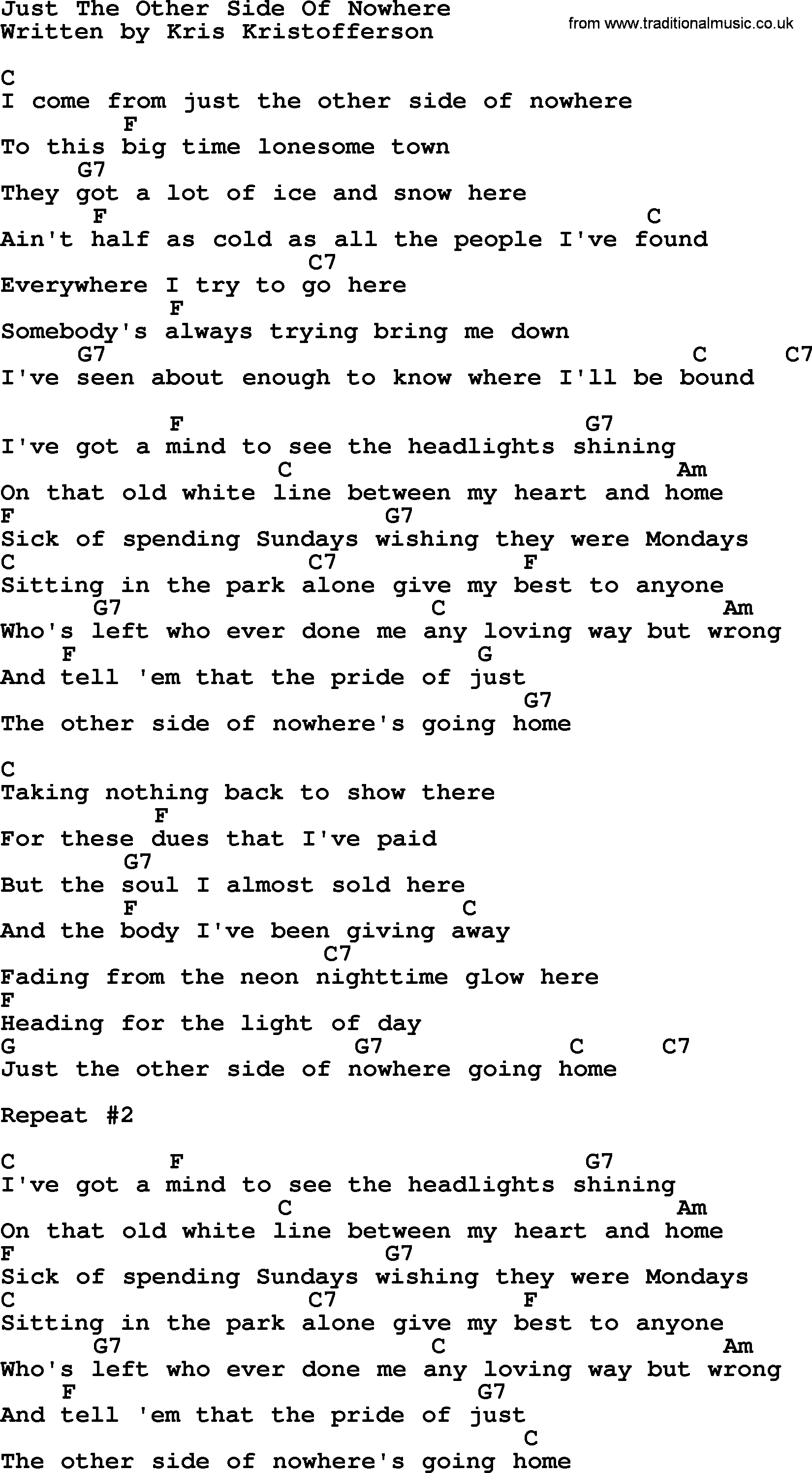 Johnny Cash song Just The Other Side Of Nowhere, lyrics and chords