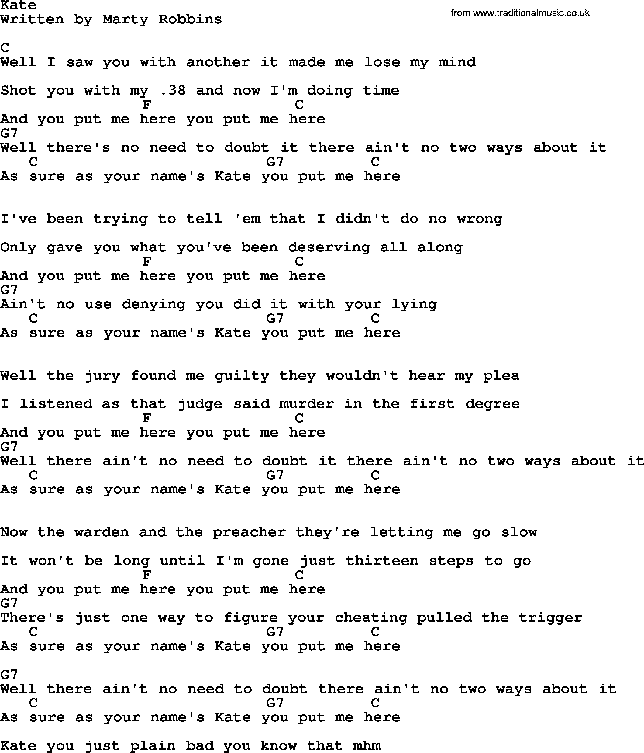 Johnny Cash song Kate, lyrics and chords