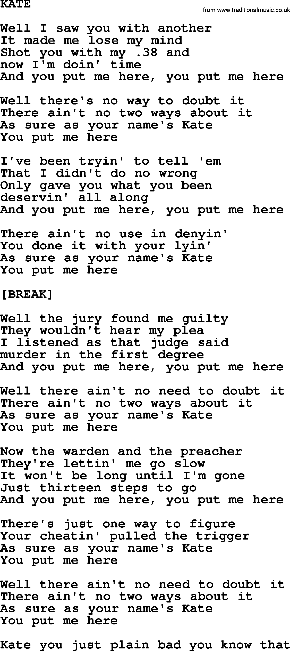 Johnny Cash song Kate.txt lyrics