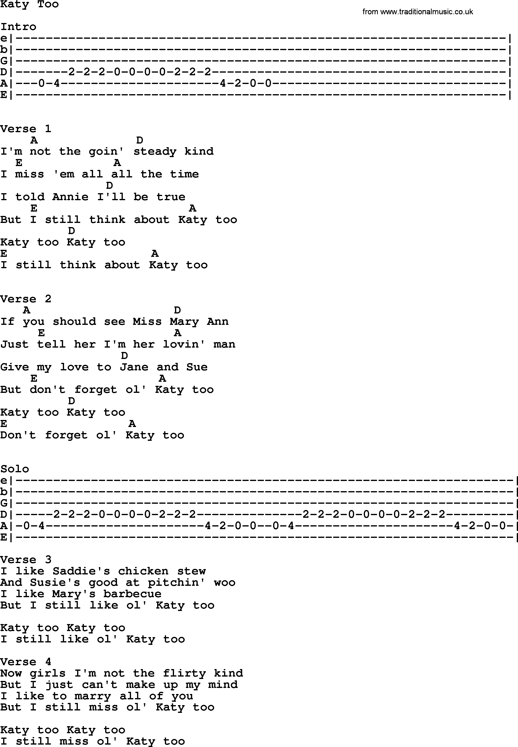 Johnny Cash song Katy Too, lyrics and chords