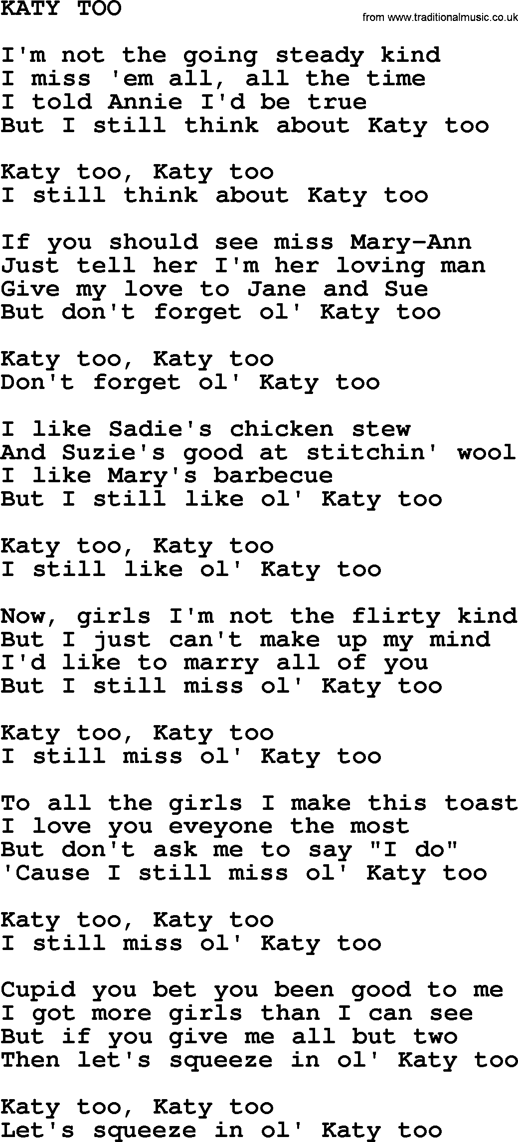 Johnny Cash song Katy Too.txt lyrics