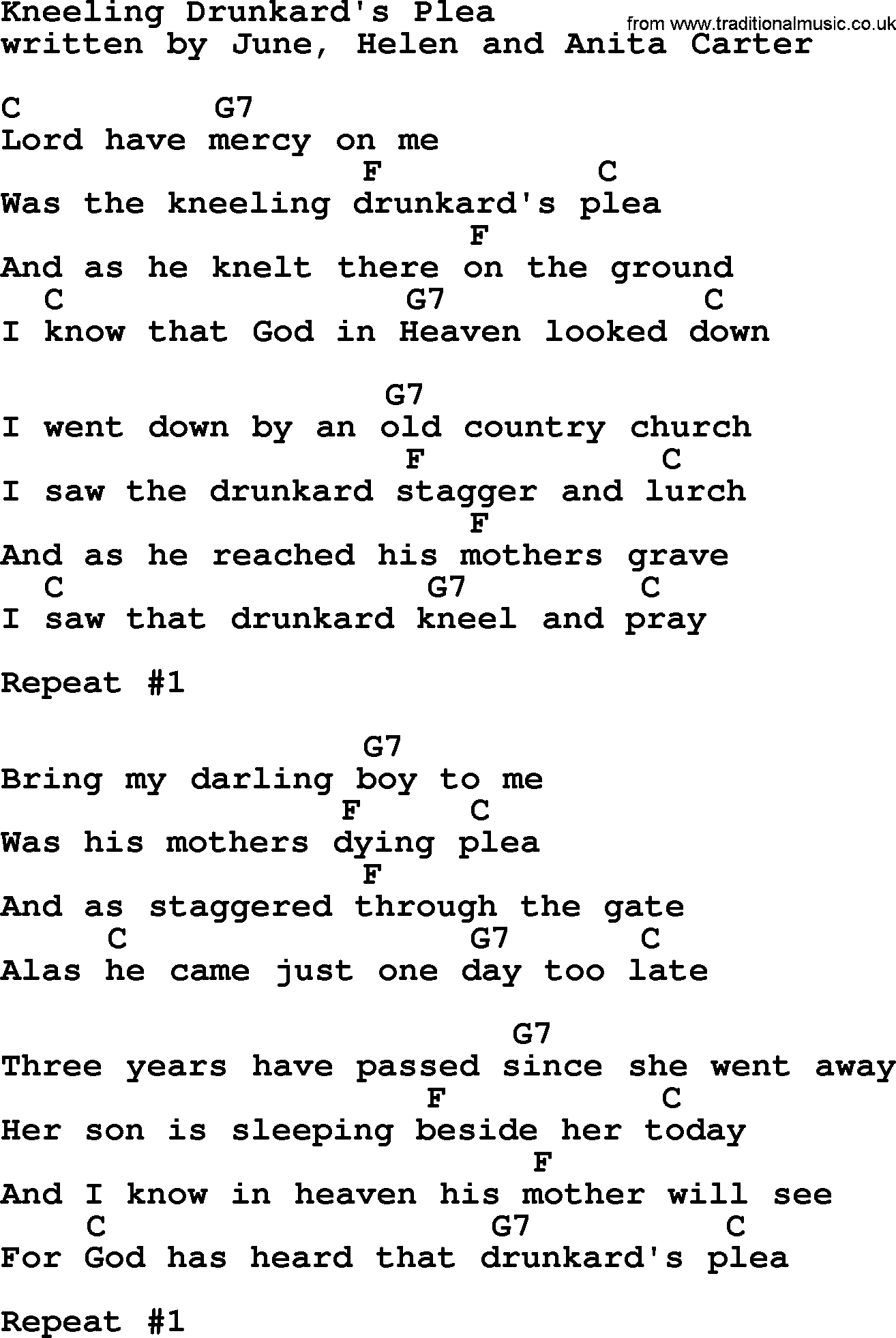 Johnny Cash song Kneeling Drunkard's Plea, lyrics and chords
