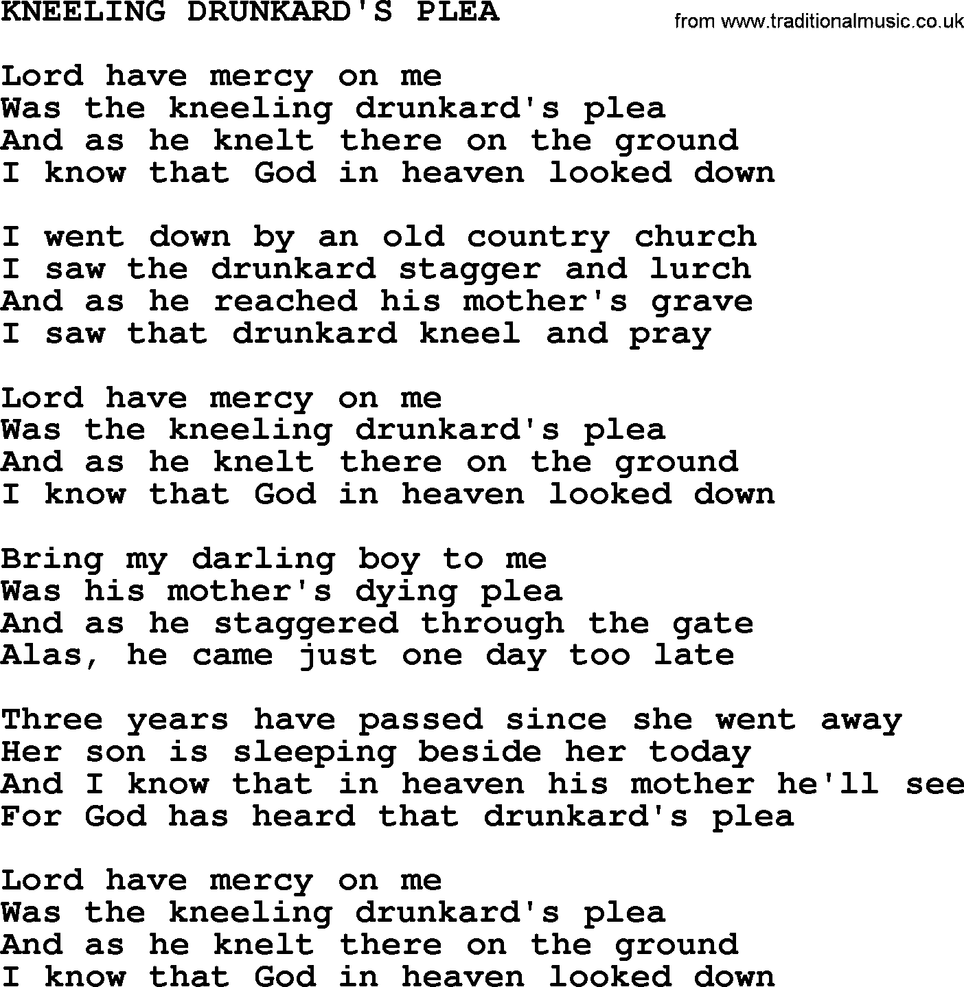 Johnny Cash song Kneeling Drunkard's Plea.txt lyrics