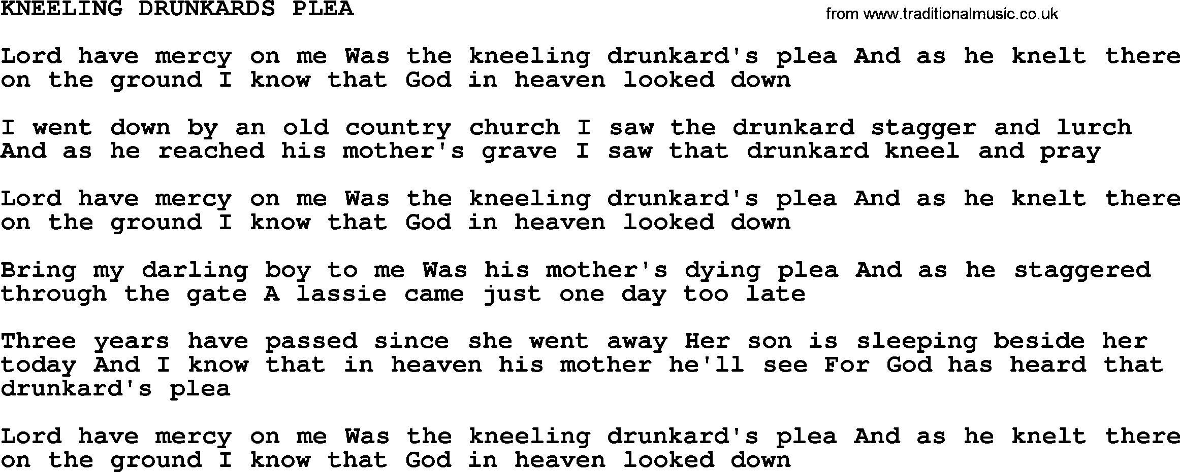 Johnny Cash song Kneeling Drunkards Plea.txt lyrics