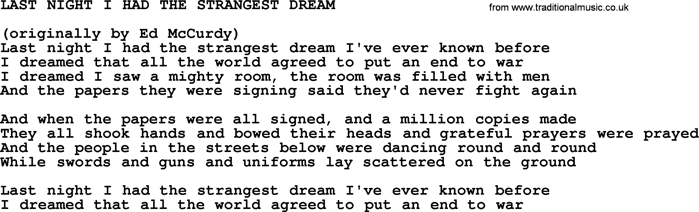 Johnny Cash song Last Night I Had The Strangest Dream.txt lyrics
