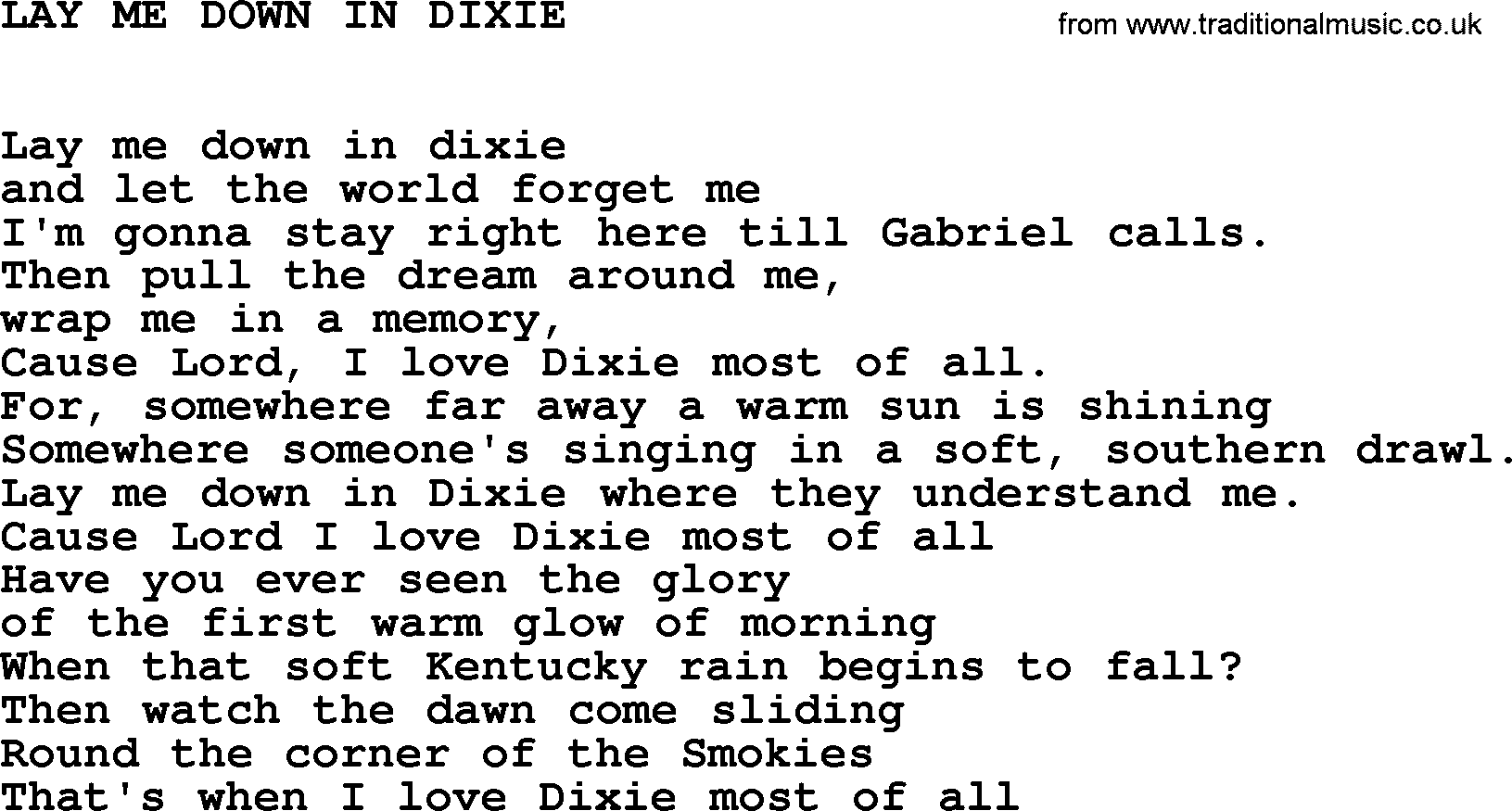 Johnny Cash song Lay Me Down In Dixie.txt lyrics