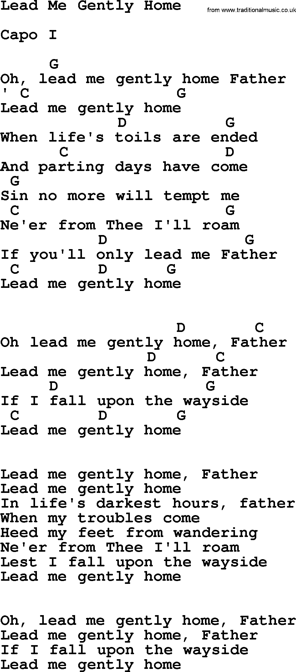 Johnny Cash song Lead Me Gently Home, lyrics and chords