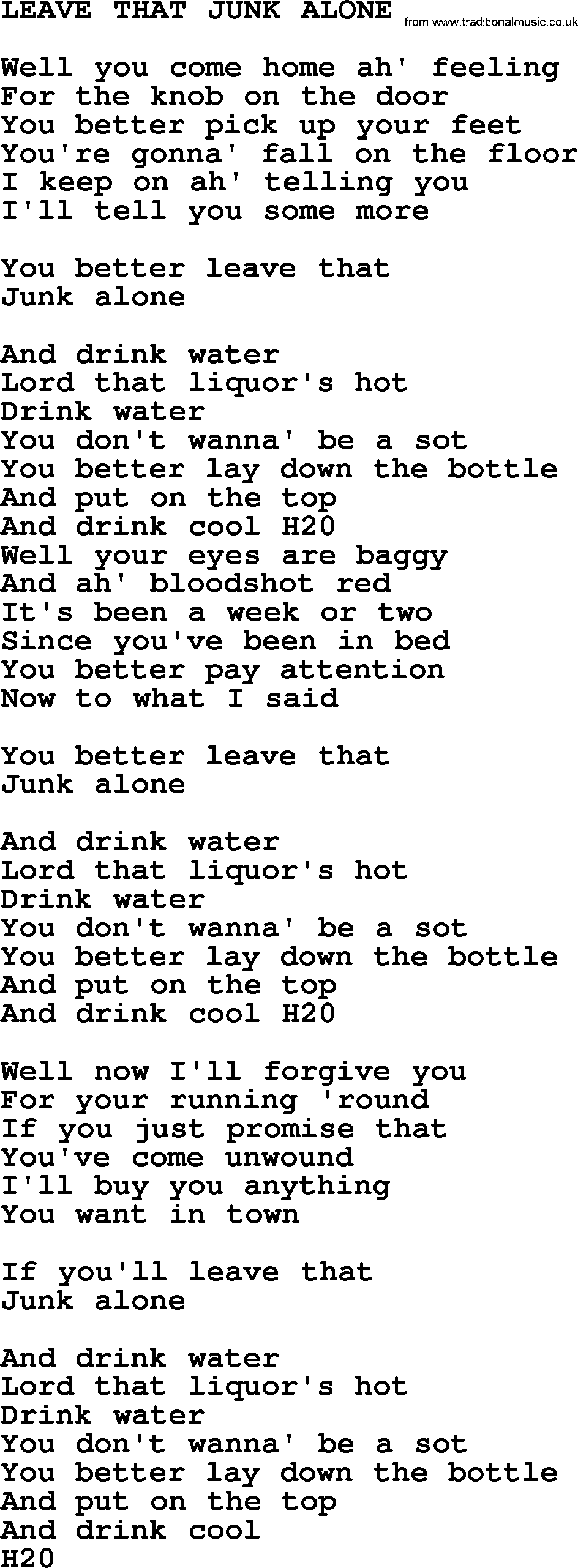 Johnny Cash song Leave That Junk Alone.txt lyrics