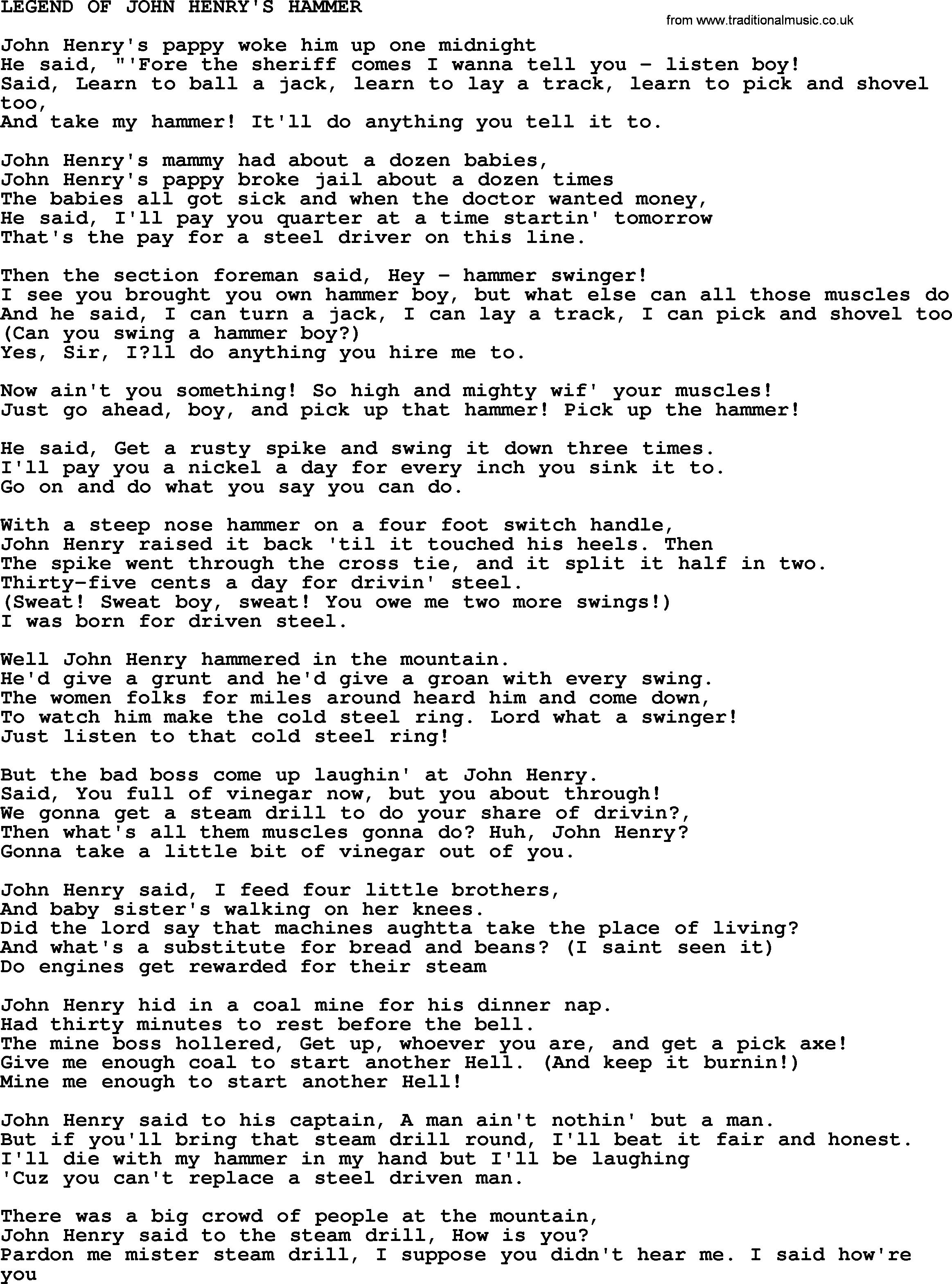 Johnny Cash song Legend Of John Henry's Hammer.txt lyrics