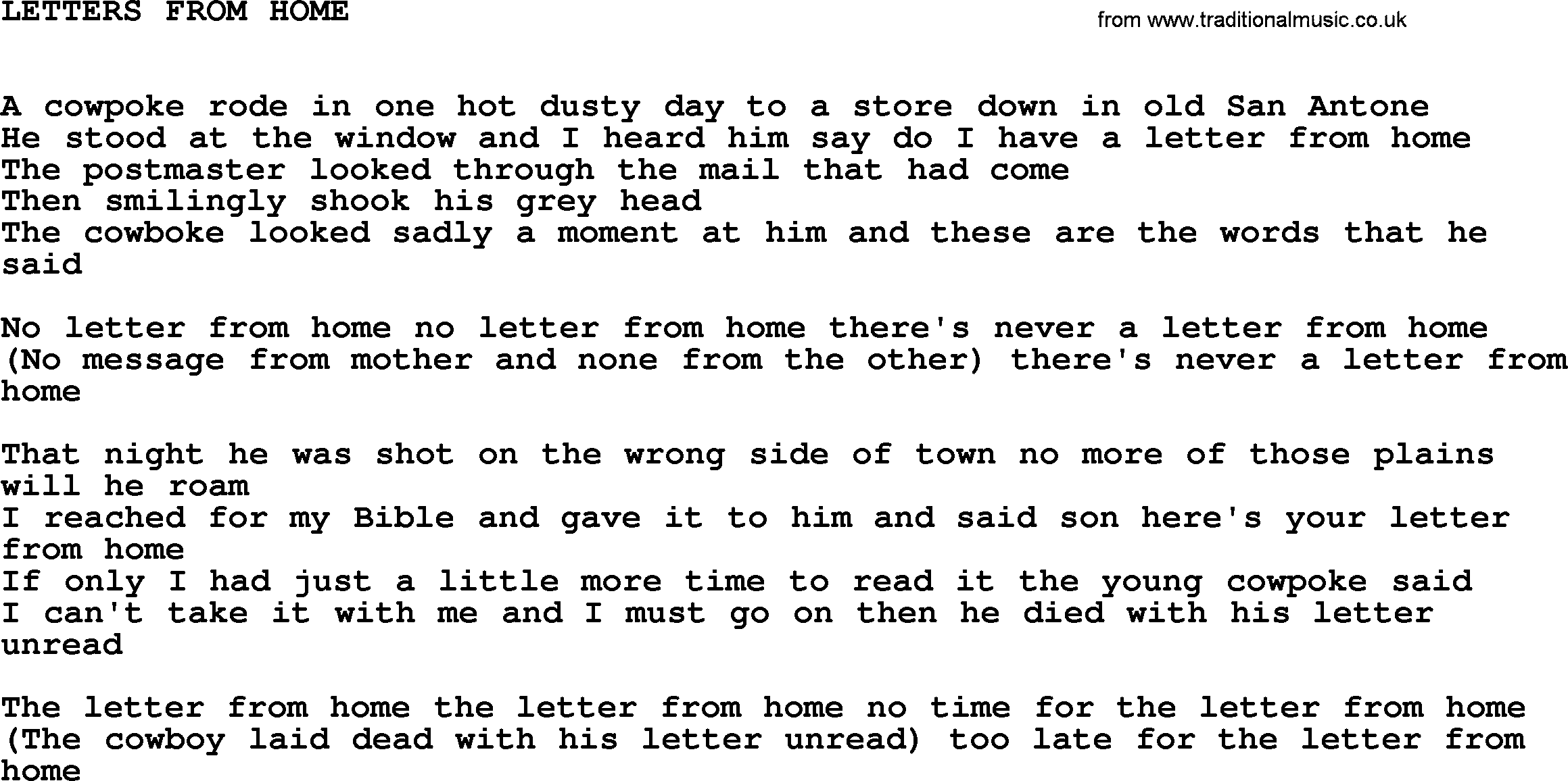 Johnny Cash song Letters From Home.txt lyrics