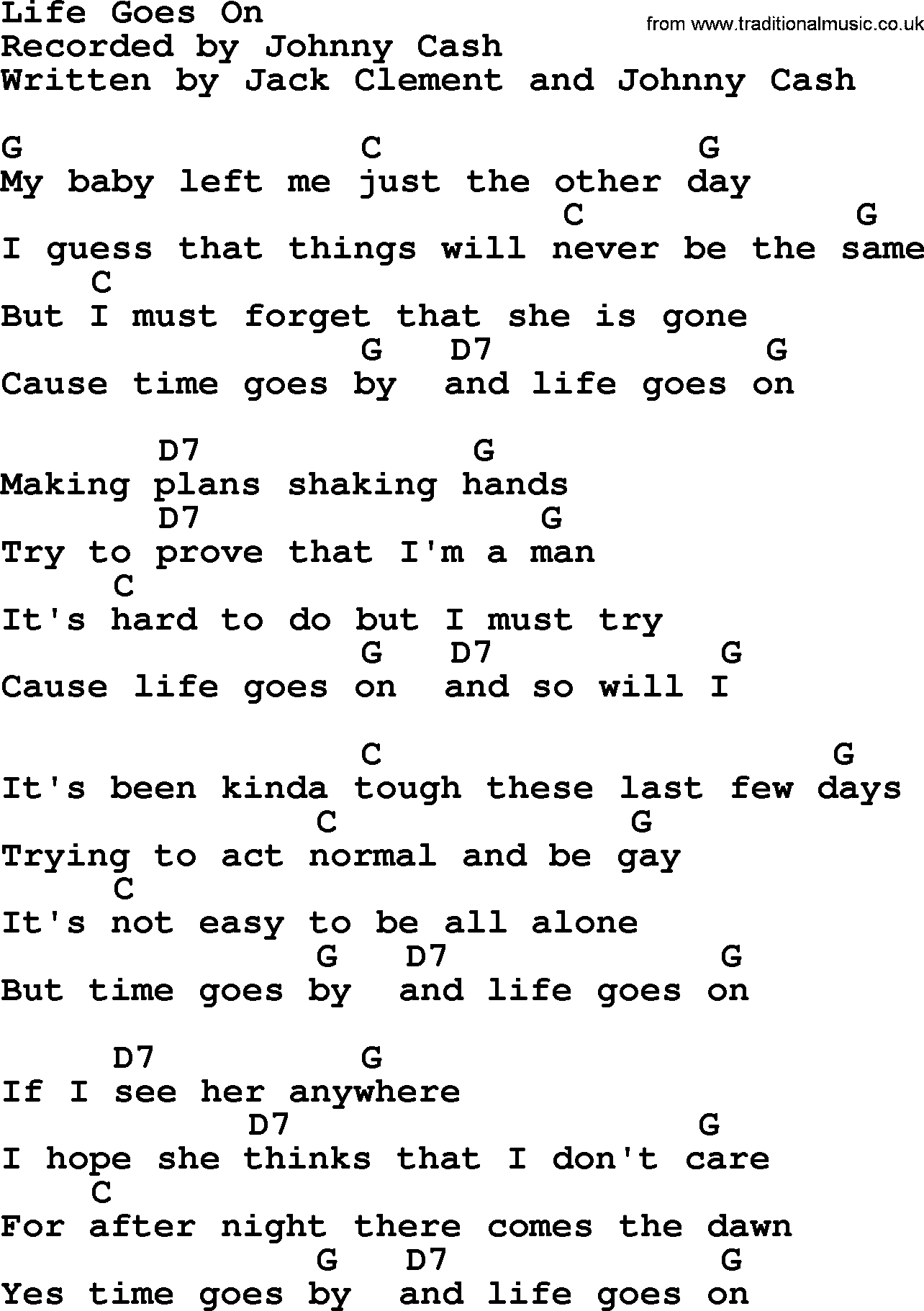 Johnny Cash song Life Goes On, lyrics and chords