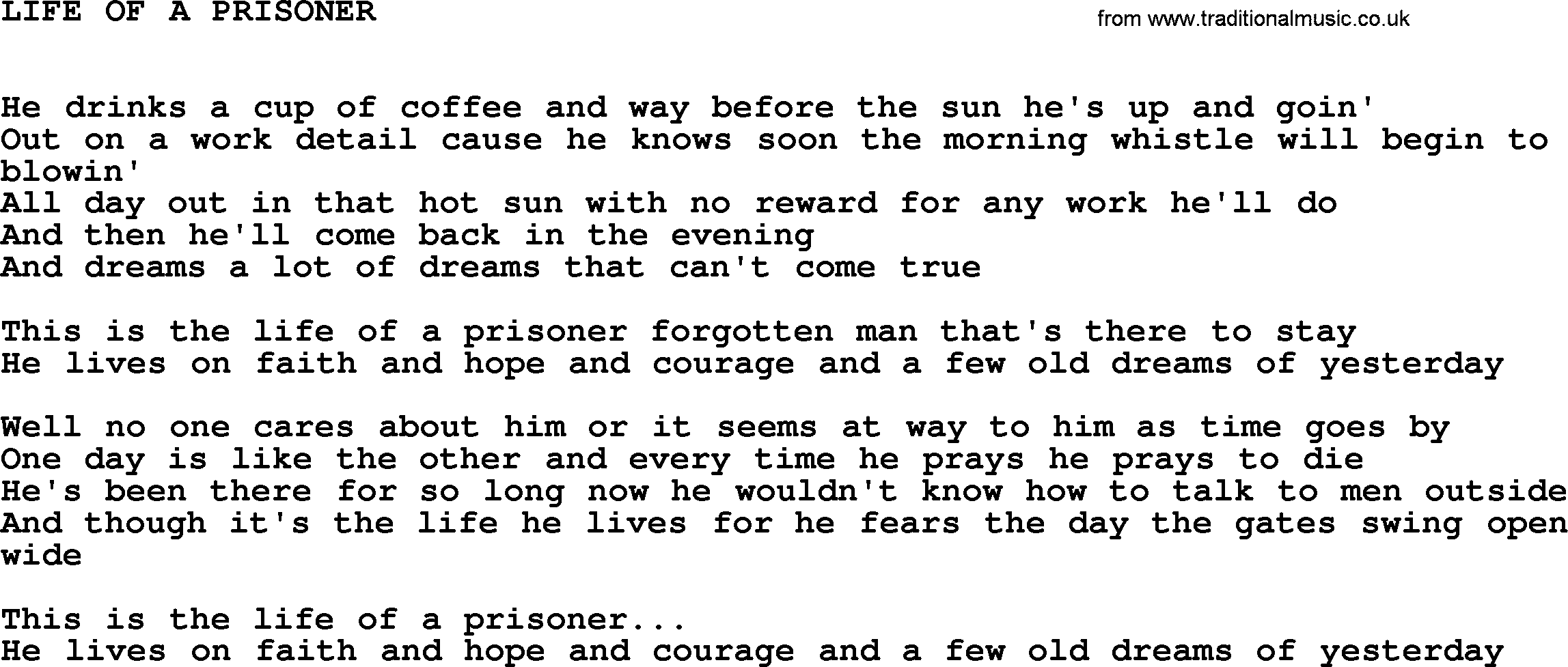Johnny Cash song Life Of A Prisoner.txt lyrics