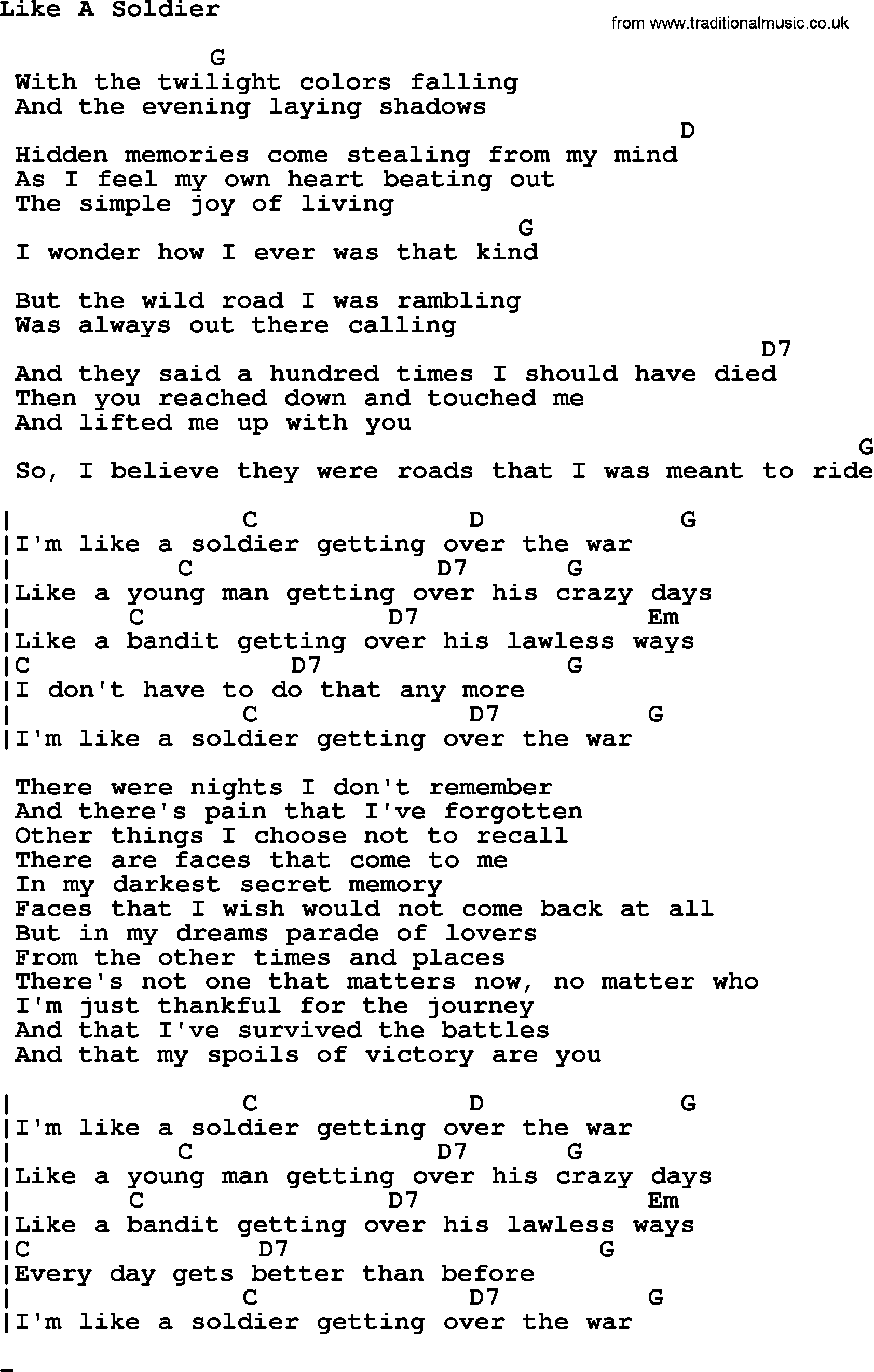 Johnny Cash song Like A Soldier, lyrics and chords
