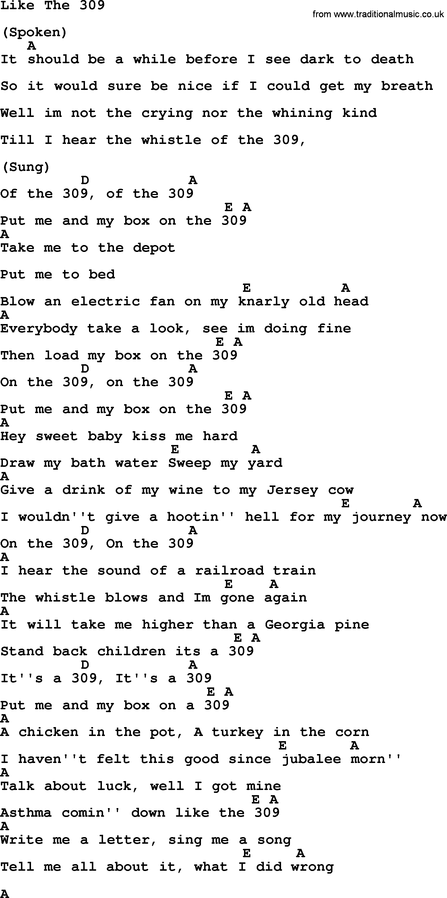 Johnny Cash song Like The 309, lyrics and chords
