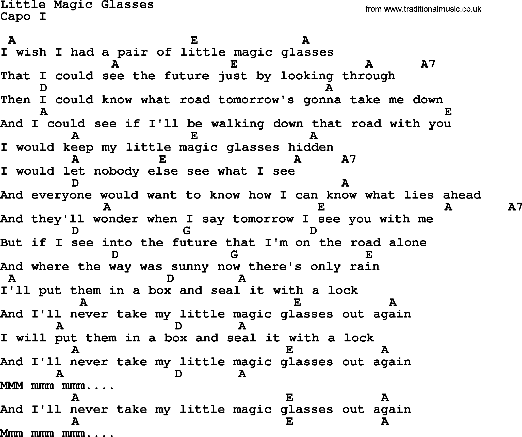 Johnny Cash song Little Magic Glasses, lyrics and chords