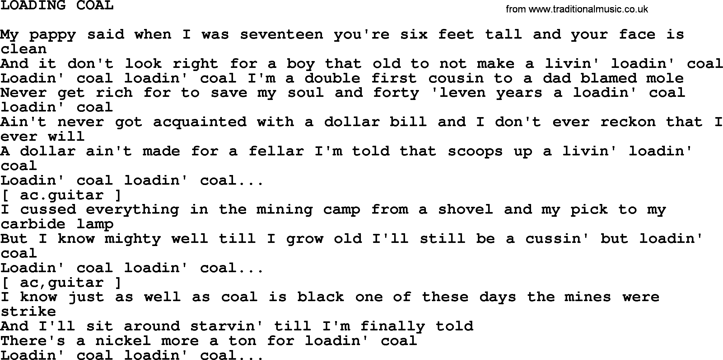 Johnny Cash song Loading Coal.txt lyrics