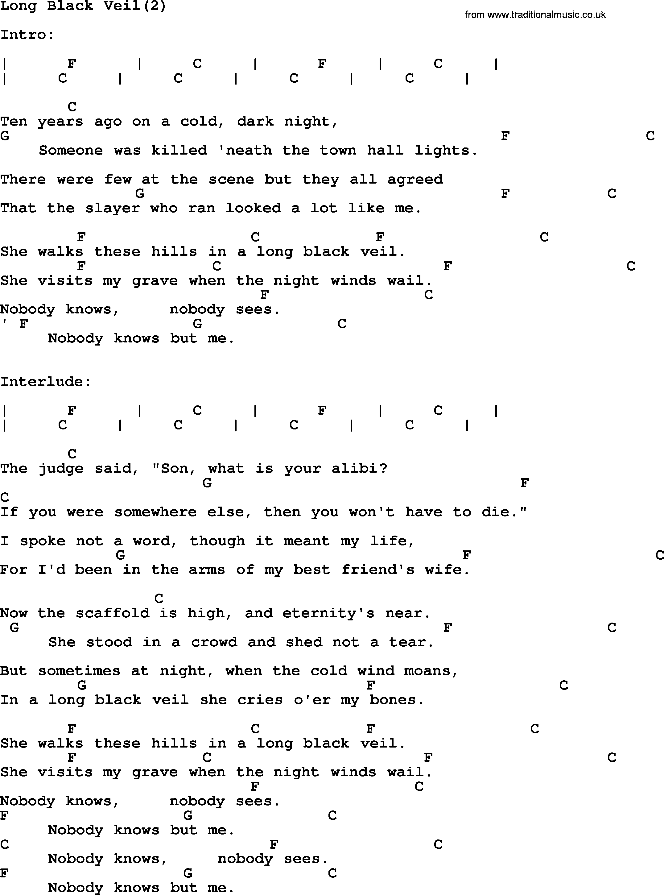 Johnny Cash song Long Black Veil(2), lyrics and chords