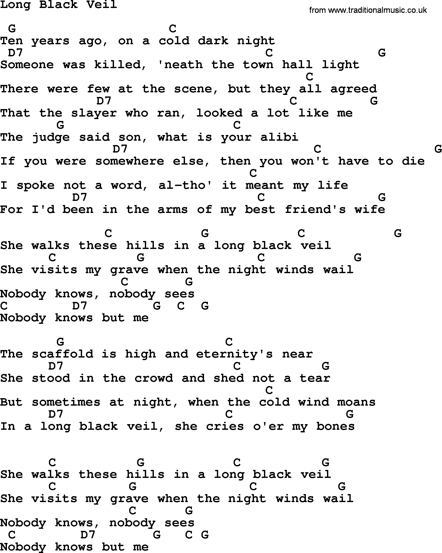 Johnny Cash song Long Black Veil, lyrics and chords