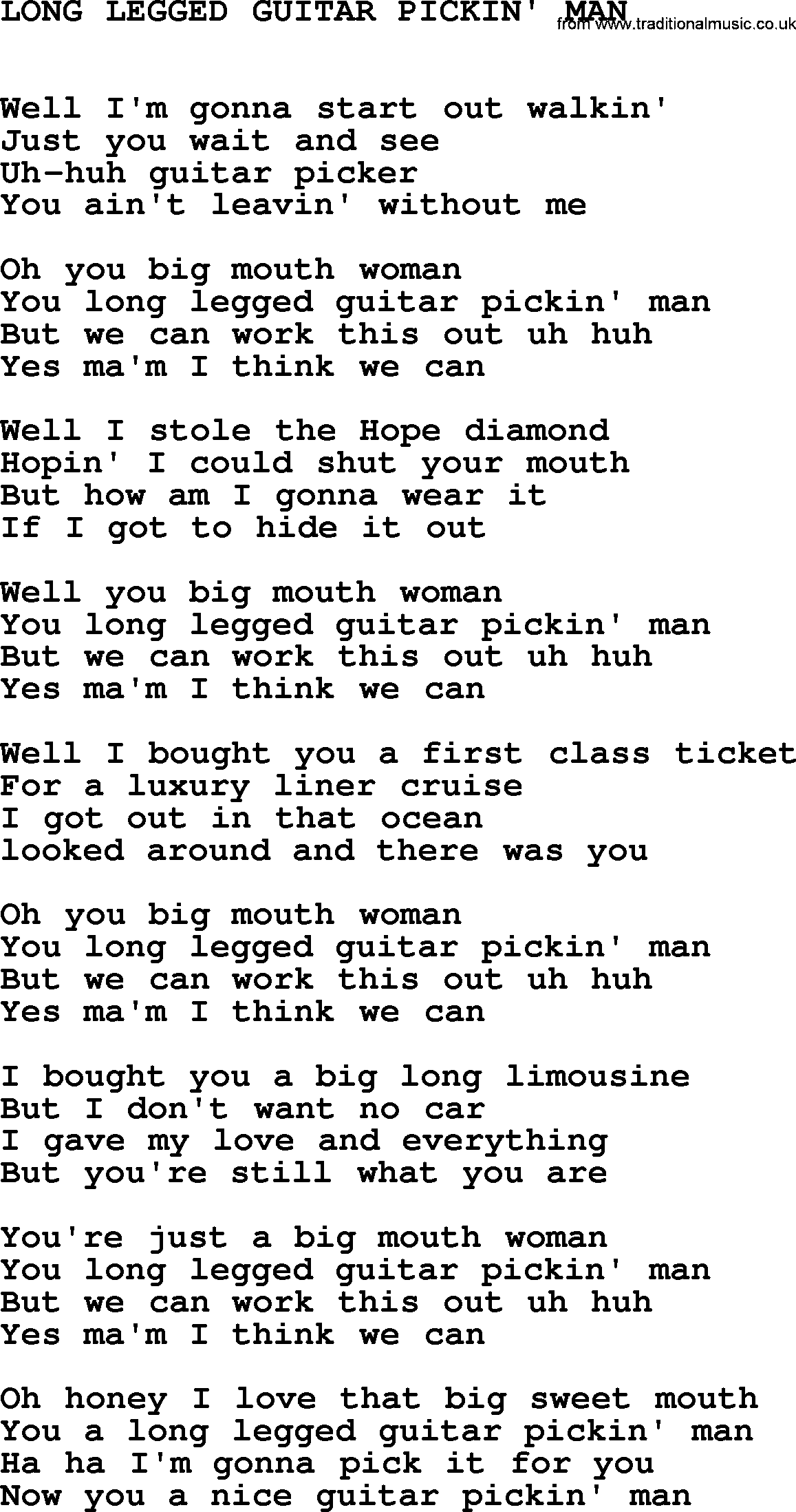 Johnny Cash song Long Legged Guitar Pickin' Man.txt lyrics