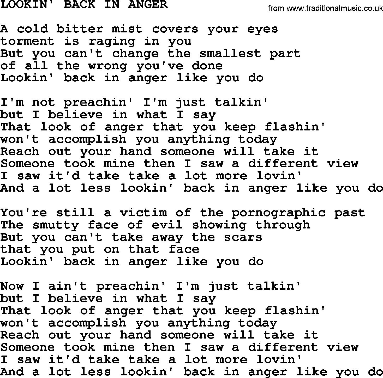 Johnny Cash song Lookin' Back In Anger.txt lyrics