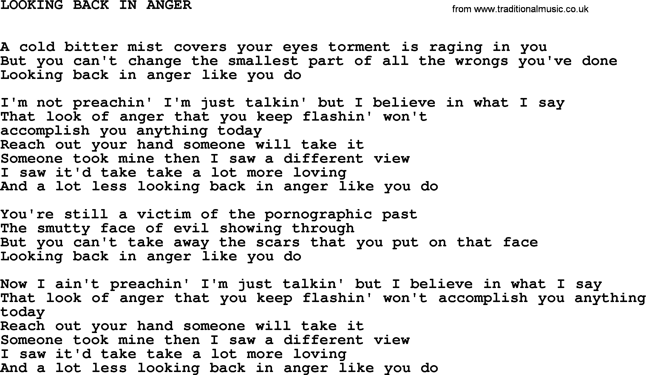 Johnny Cash song Looking Back In Anger.txt lyrics