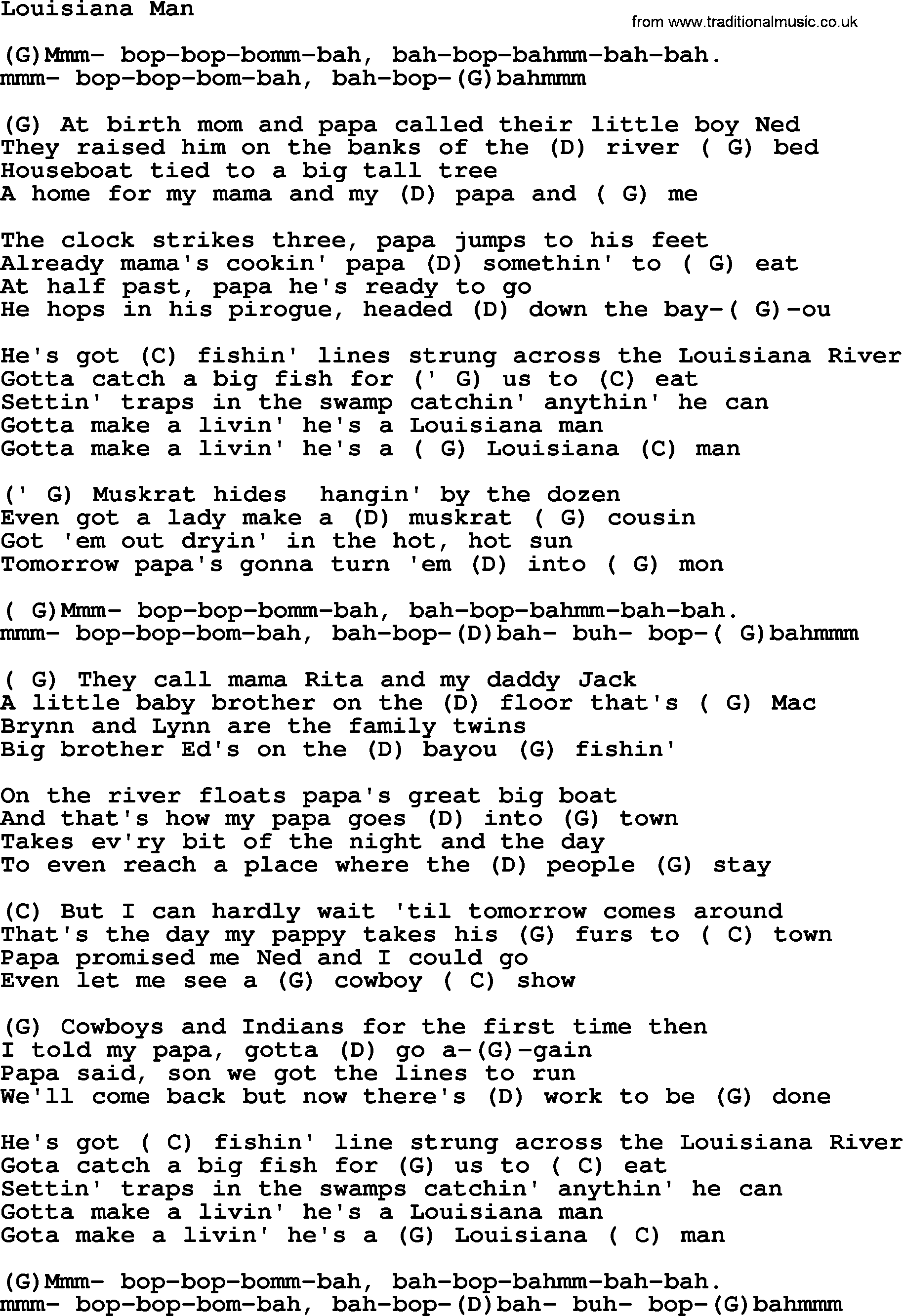 Johnny Cash song Louisiana Man, lyrics and chords