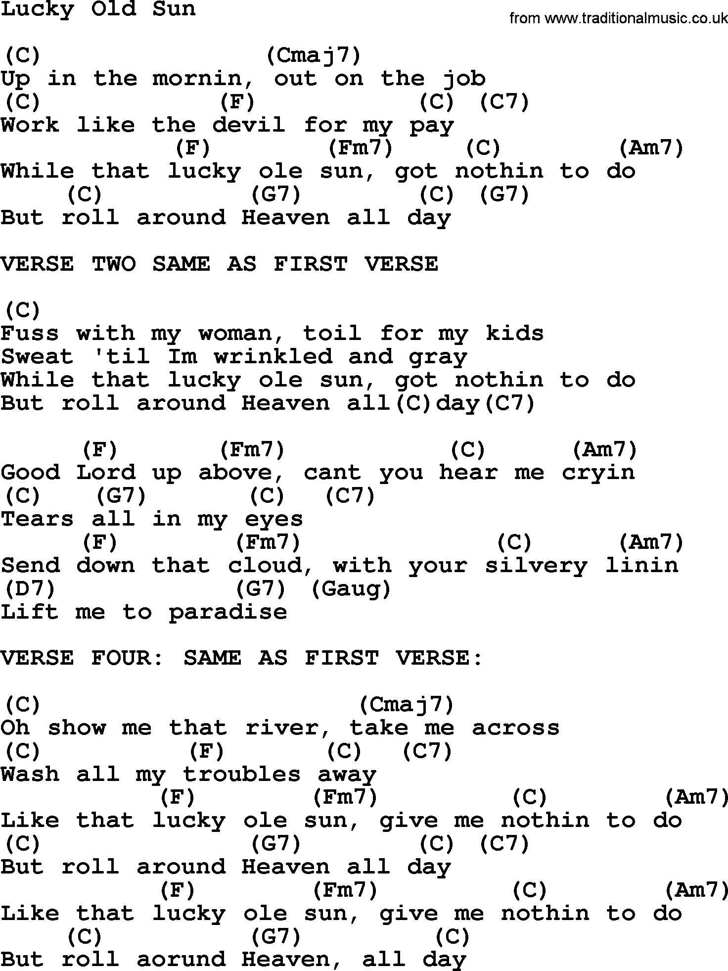 Johnny Cash song Lucky Old Sun, lyrics and chords