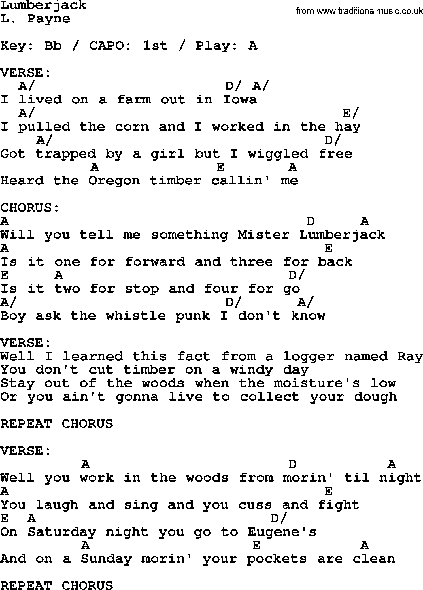 Johnny Cash song Lumberjack, lyrics and chords
