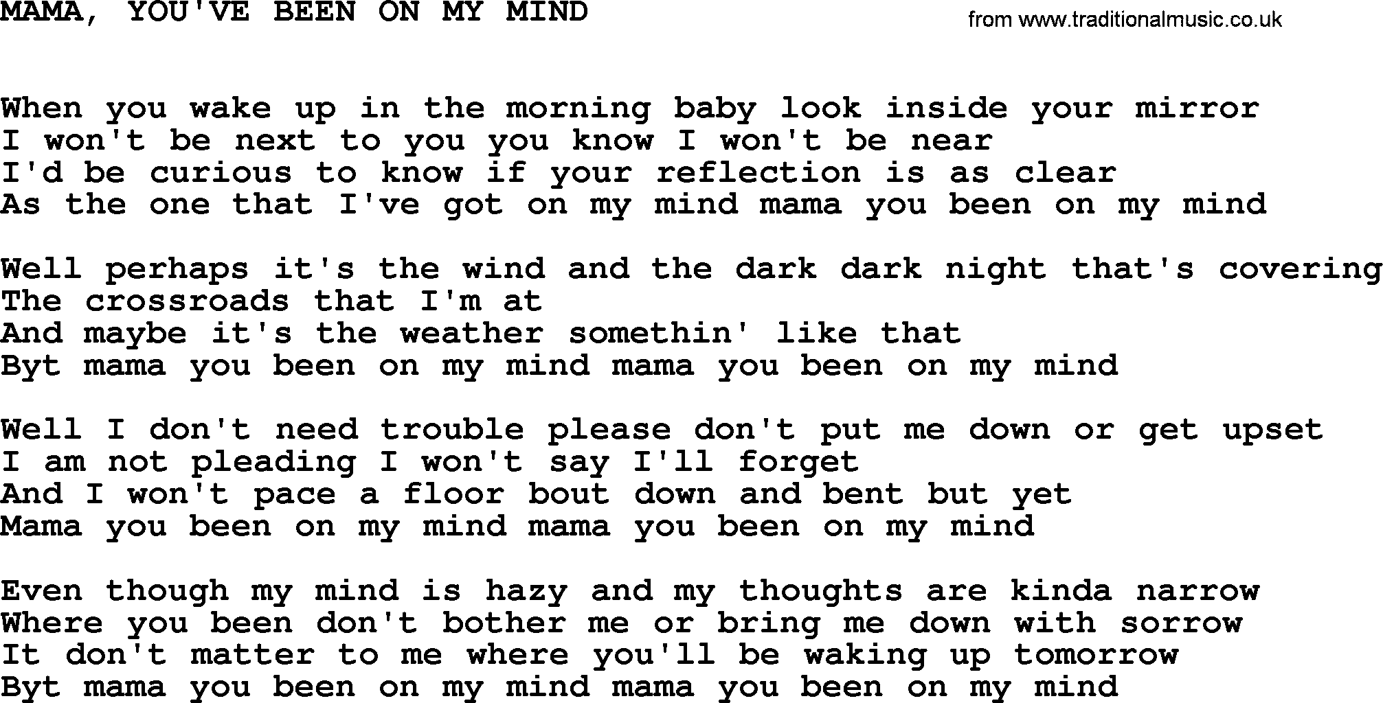 Johnny Cash song Mama, You've Been On My Mind.txt lyrics