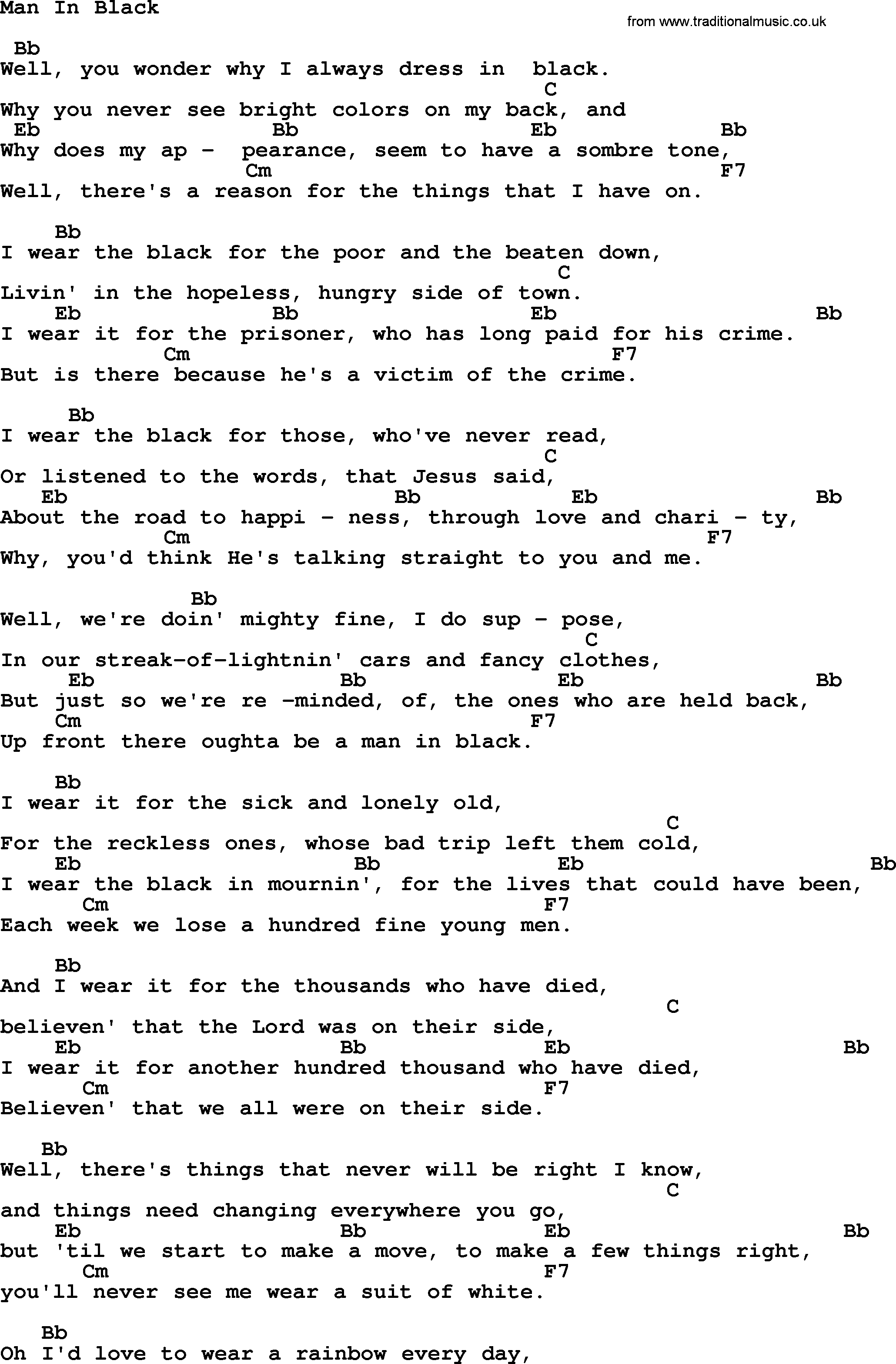 Johnny Cash song Man In Black, lyrics and chords