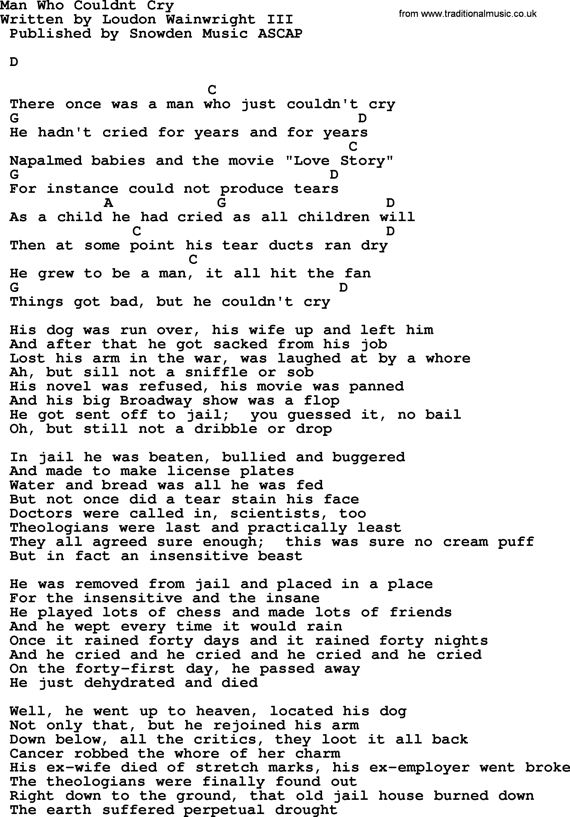 Johnny Cash song Man Who Couldnt Cry, lyrics and chords