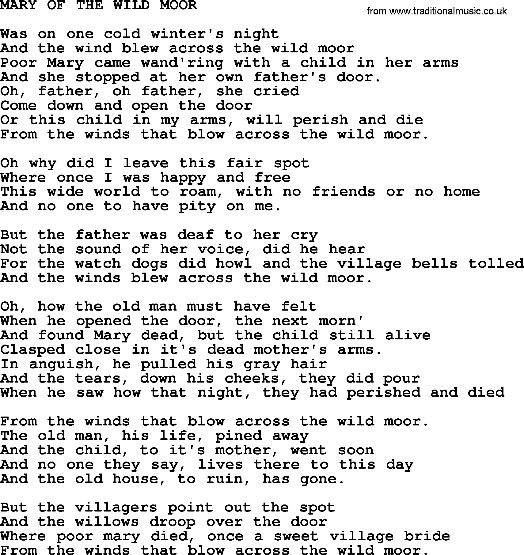 Johnny Cash song Mary Of The Wild Moor.txt lyrics