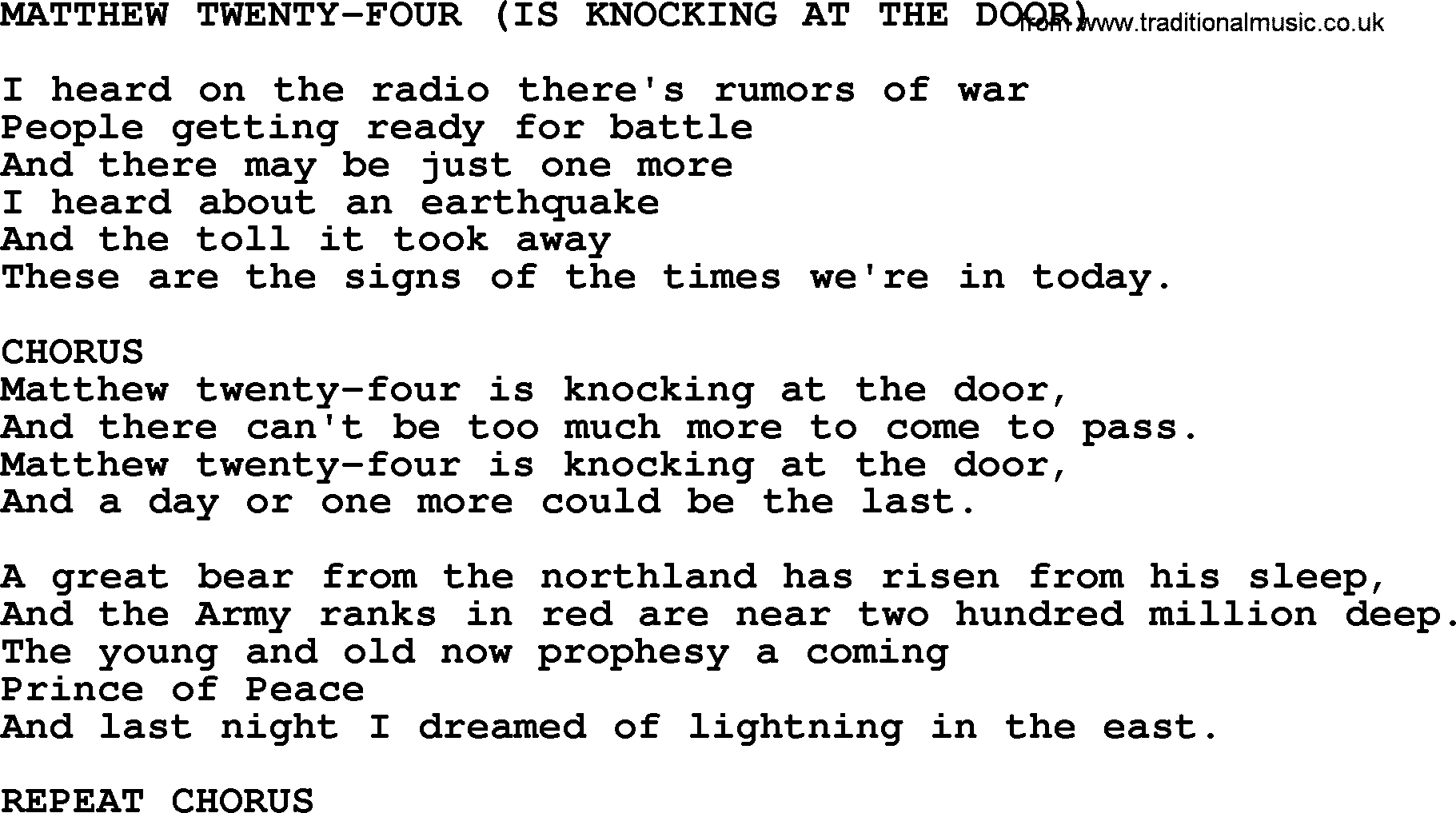 Johnny Cash song Matthew24(Is Knocking At The Door).txt lyrics