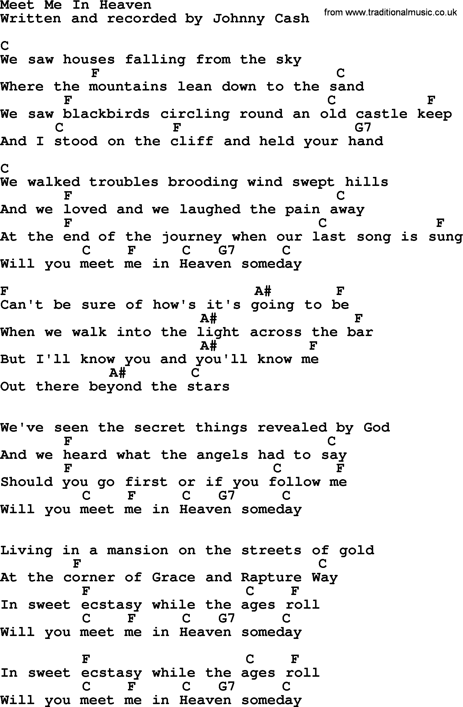 Johnny Cash song Meet Me In Heaven, lyrics and chords