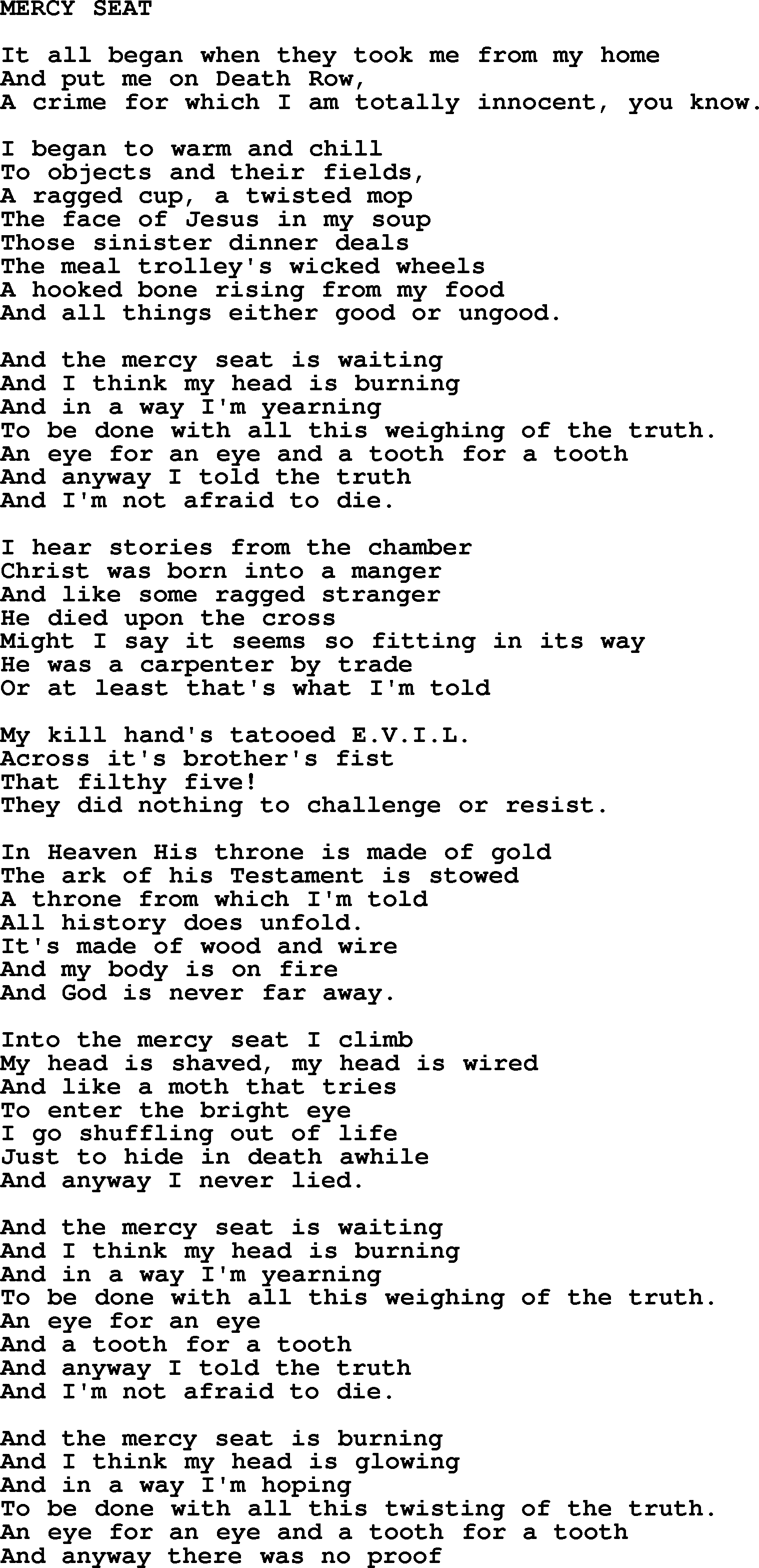 Johnny Cash song Mercy Seat.txt lyrics