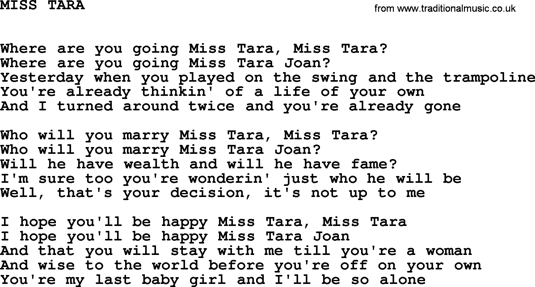 Johnny Cash song Miss Tara.txt lyrics