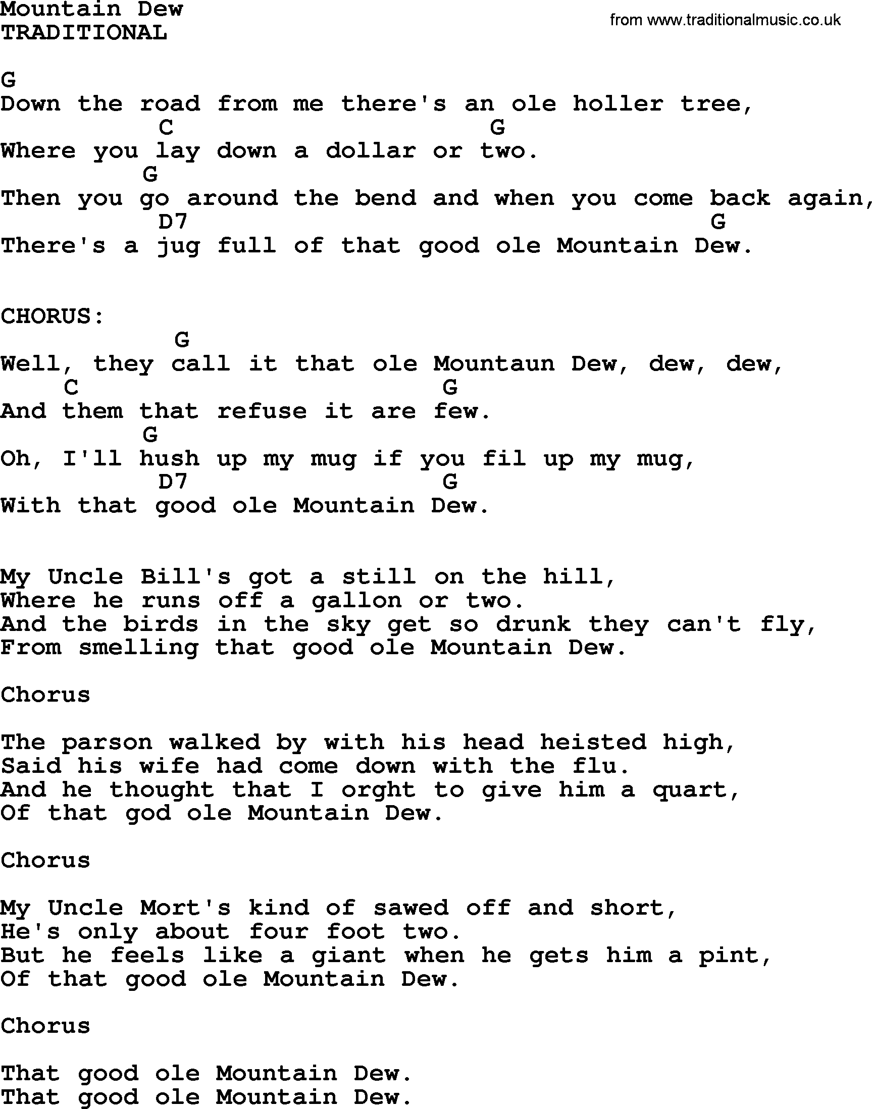 Johnny Cash song Mountain Dew, lyrics and chords