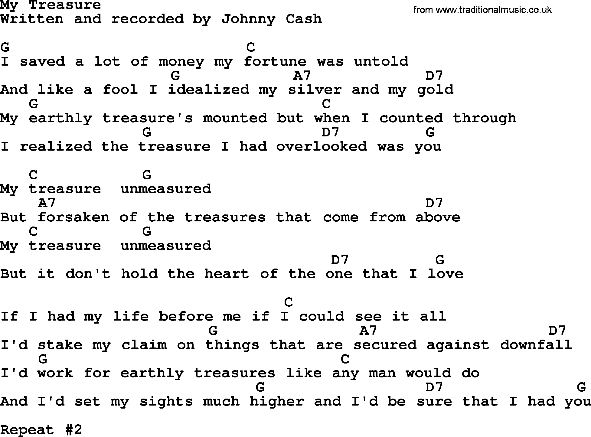 Johnny Cash song My Treasure, lyrics and chords