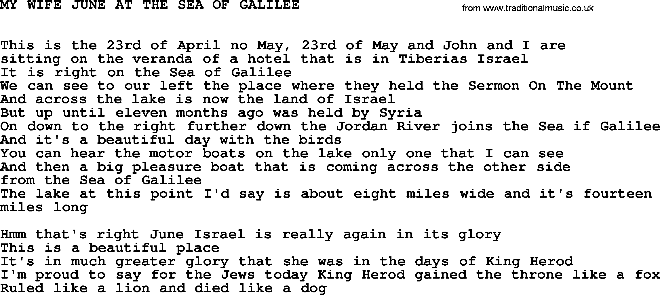 Johnny Cash song My Wife June At The Sea Of Galilee.txt lyrics