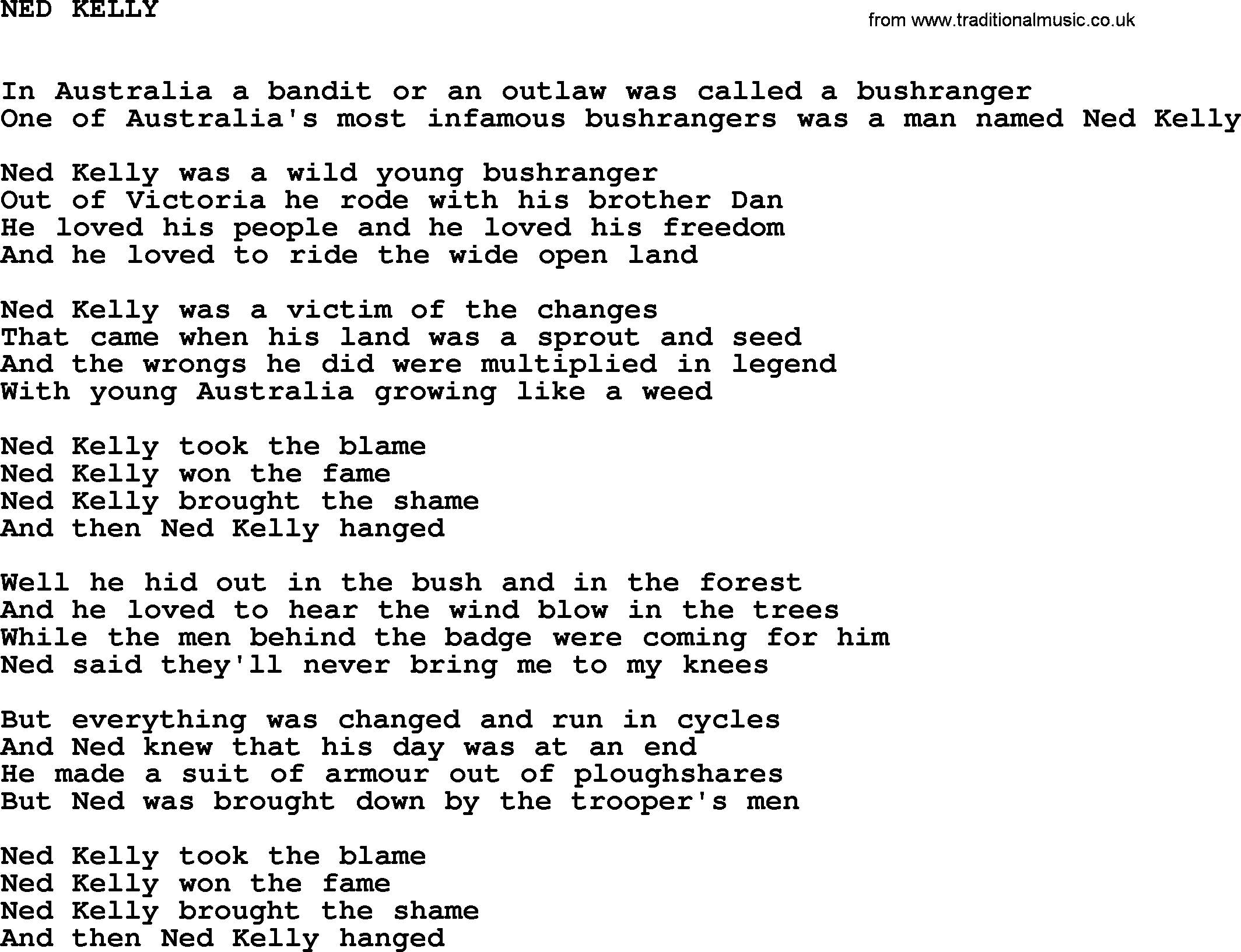 Johnny Cash song Ned Kelly.txt lyrics