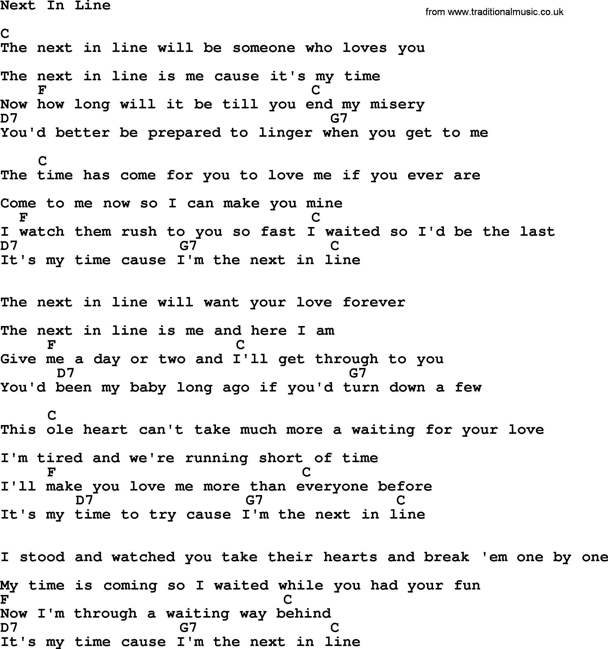 Johnny Cash song Next In Line, lyrics and chords