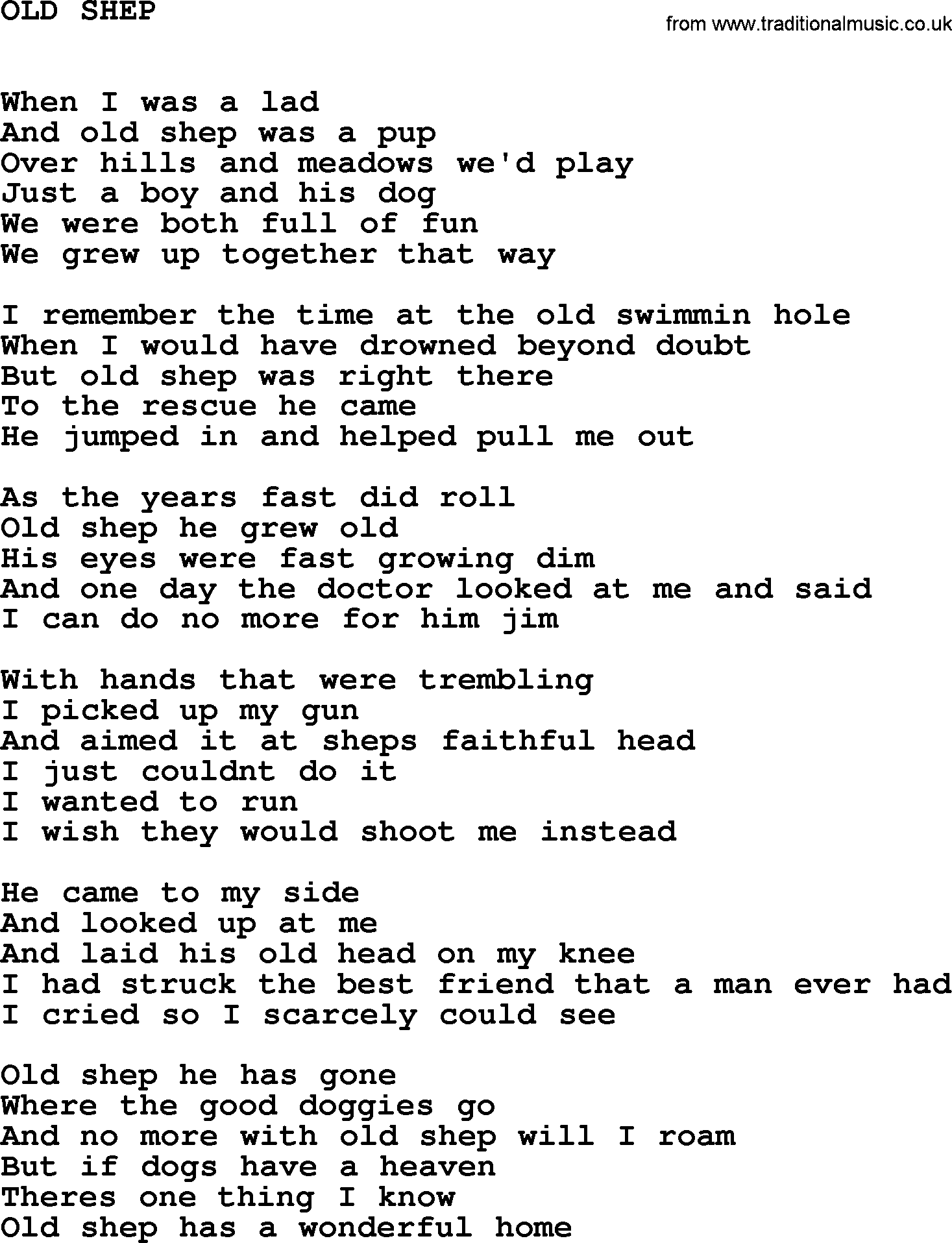Johnny Cash song Old Shep.txt lyrics