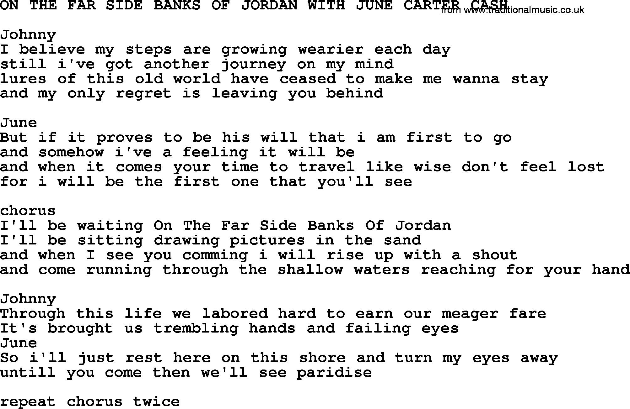 Johnny Cash song On The Far Side Banks Of Jordan With June Carter Cash.txt lyrics
