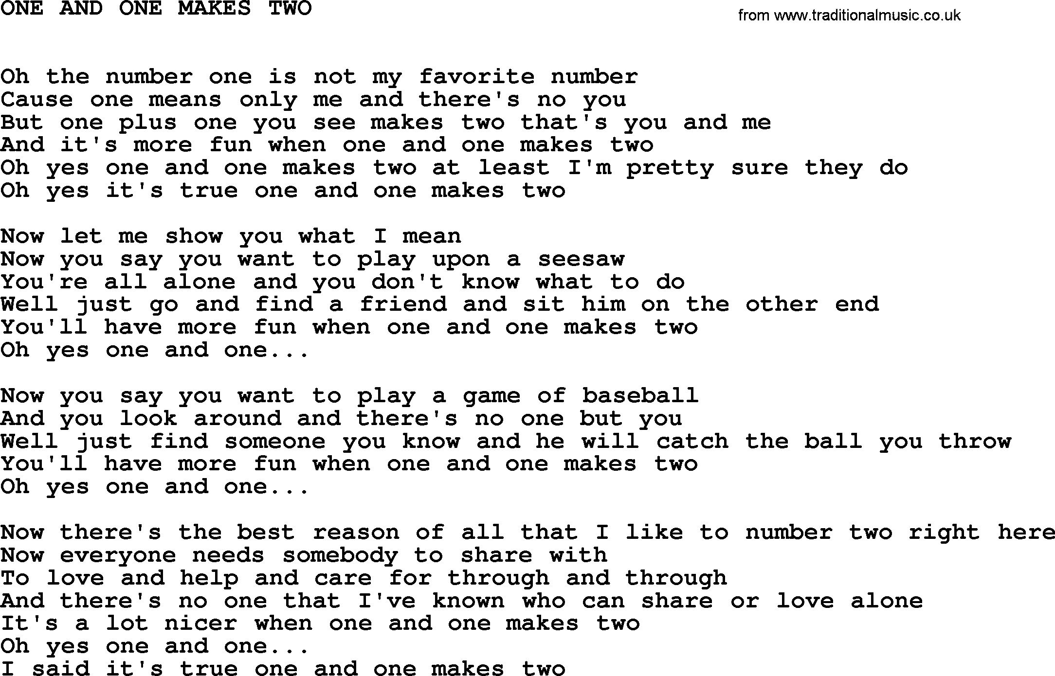 Johnny Cash song One And One Makes Two.txt lyrics