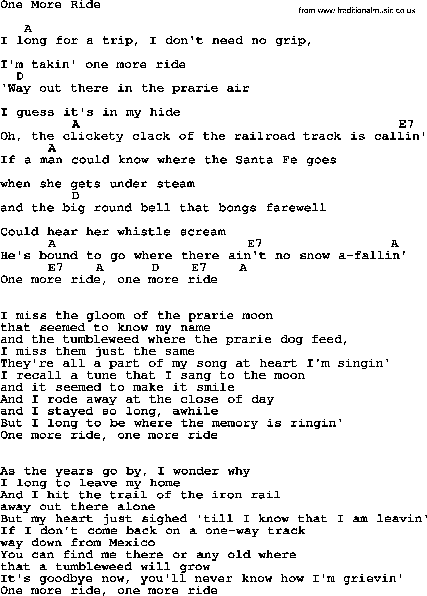 Johnny Cash song One More Ride, lyrics and chords