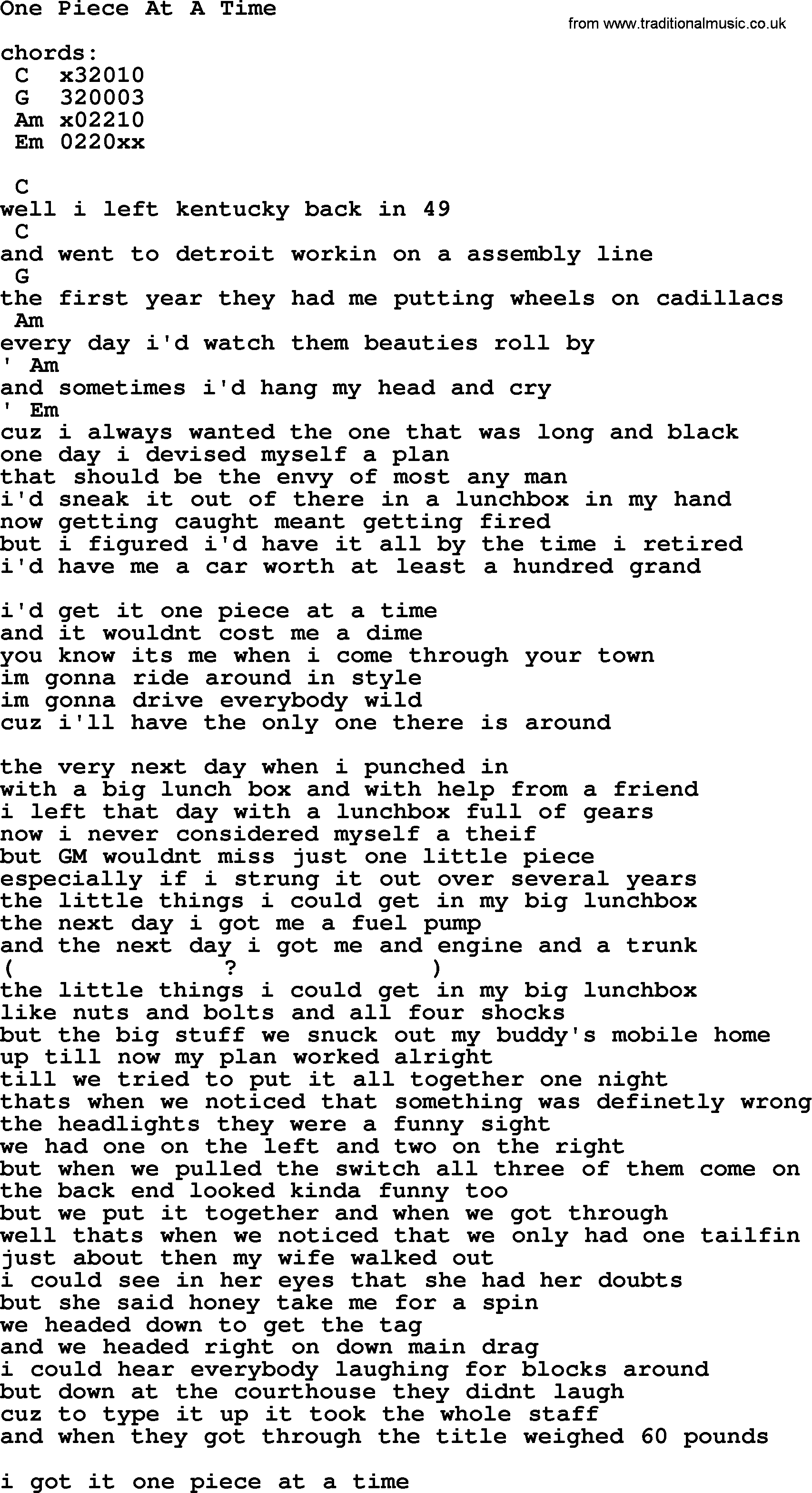 Johnny Cash song One Piece At A Time, lyrics and chords
