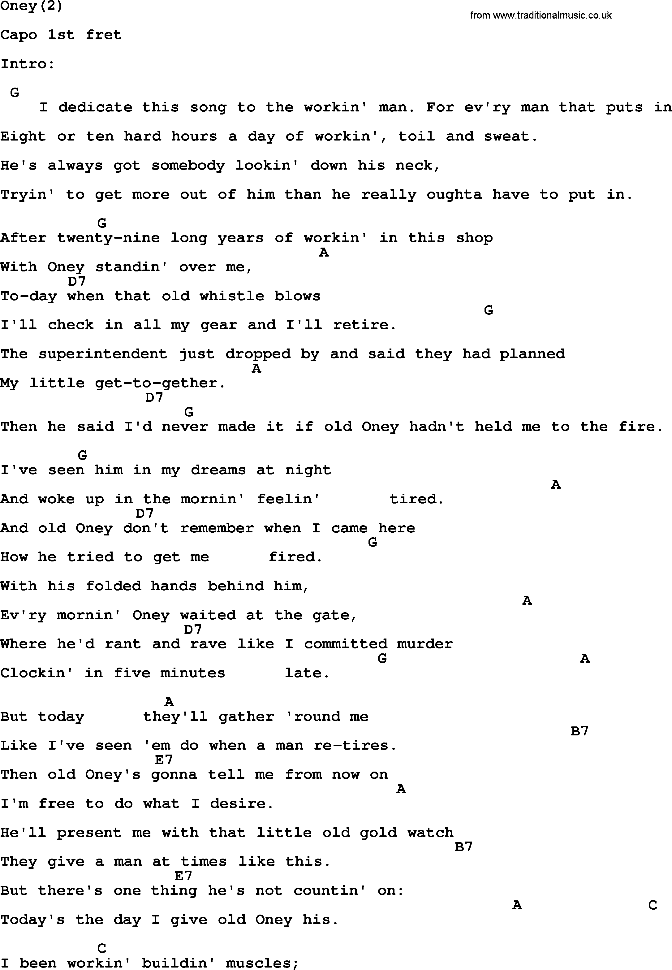 Johnny Cash song Oney(2), lyrics and chords