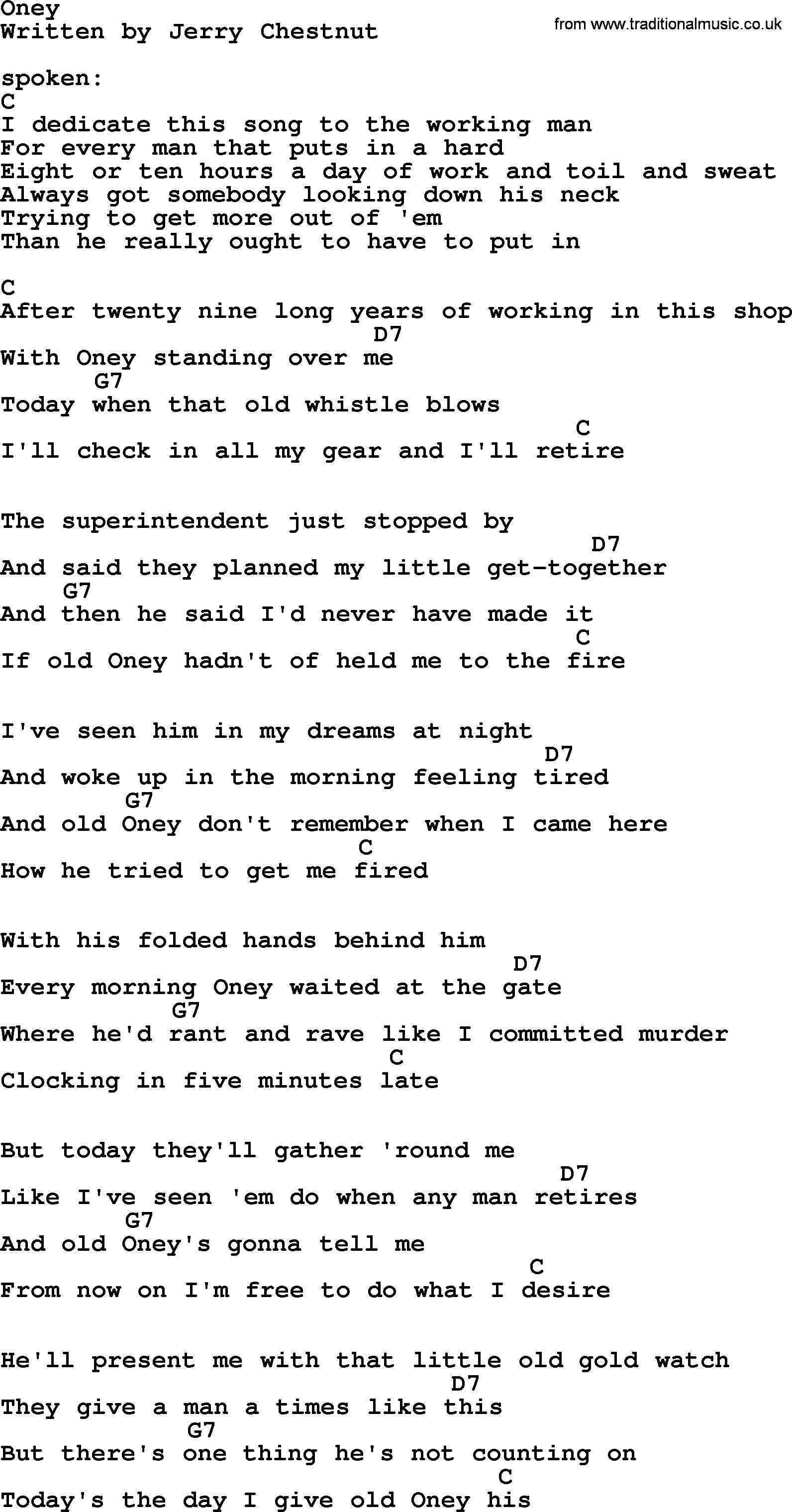 Johnny Cash song Oney, lyrics and chords