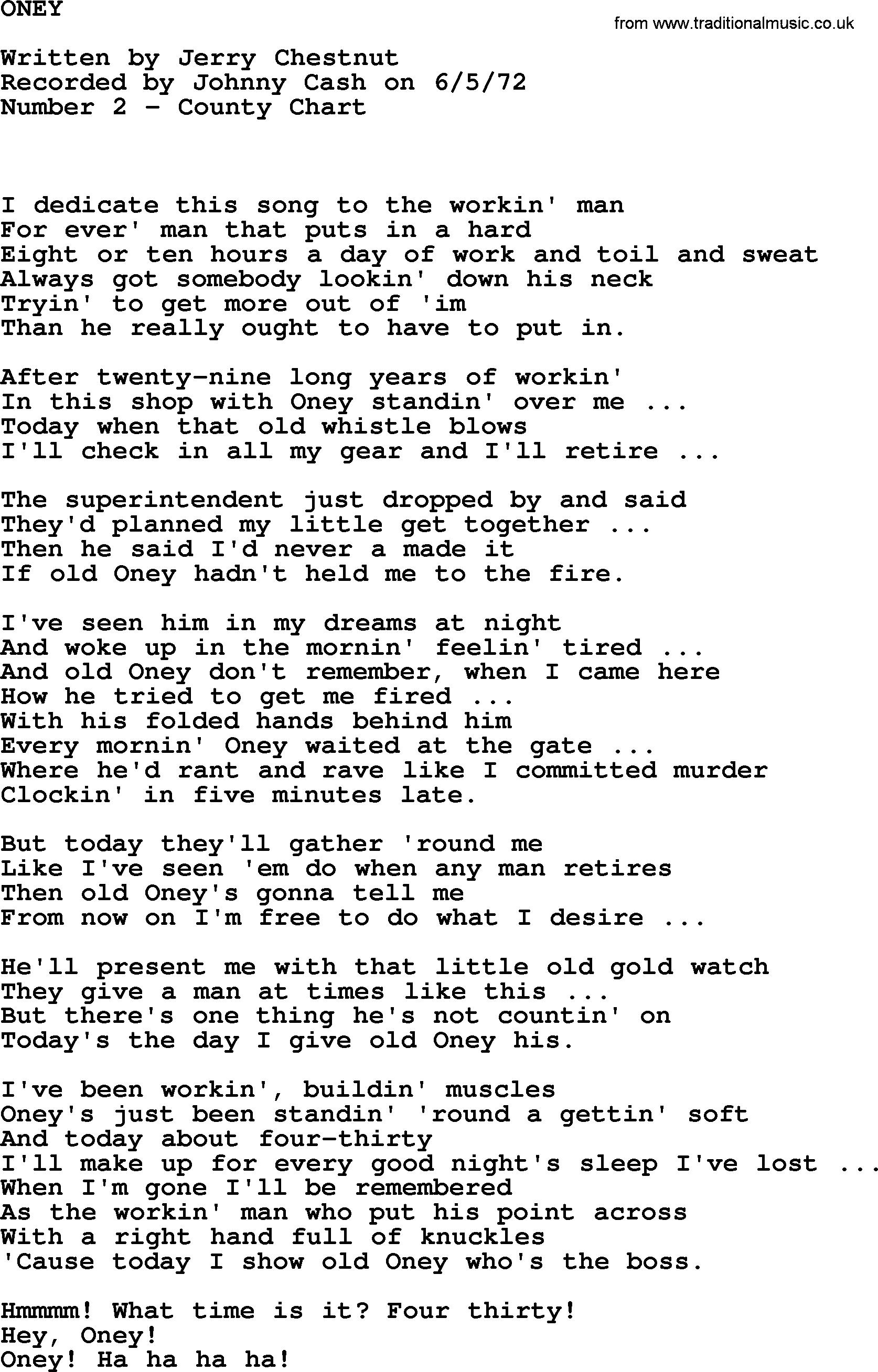 Johnny Cash song Oney.txt lyrics
